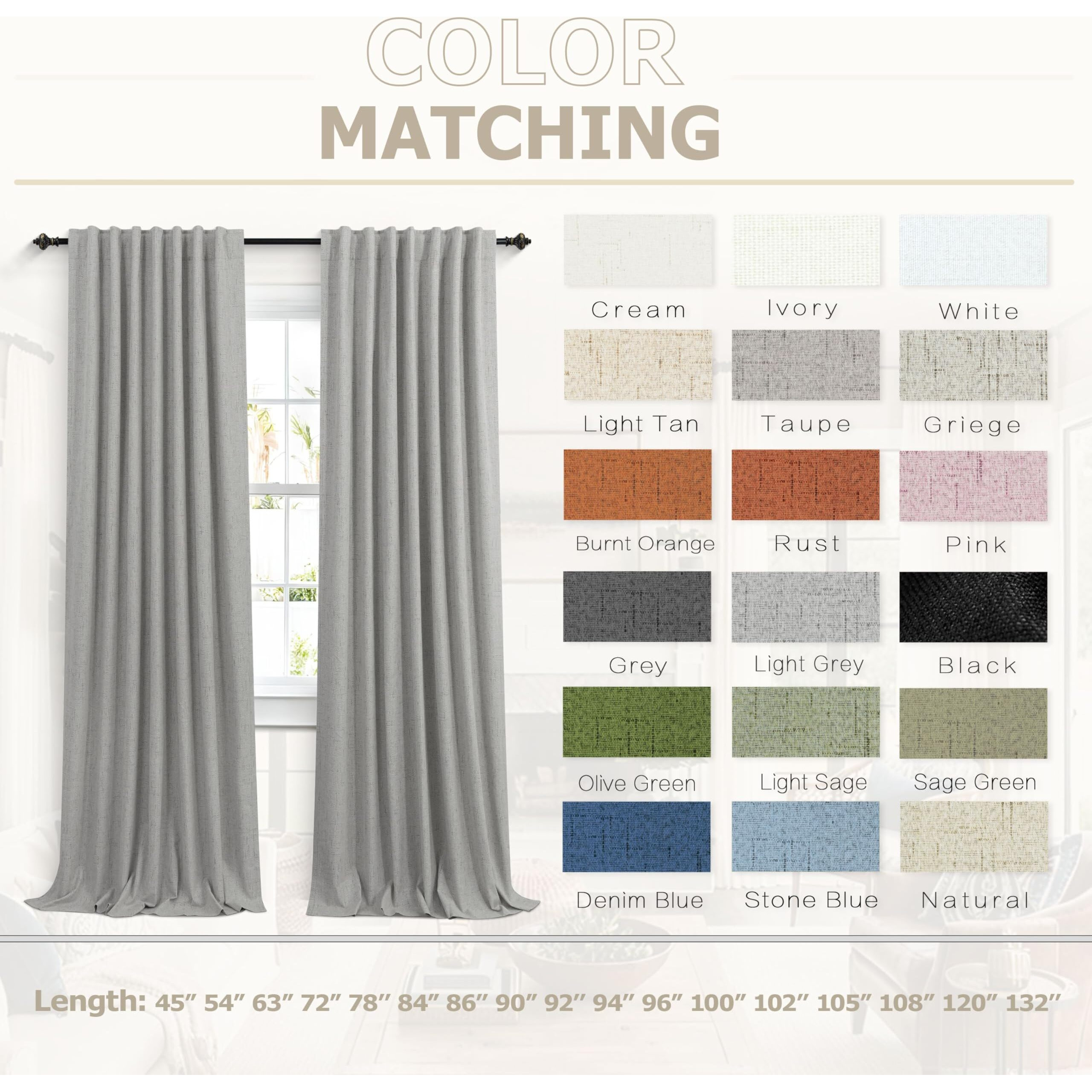 Koufall Light Grey Back Tab Linen Blackout Curtains 52X90 Inches Long
