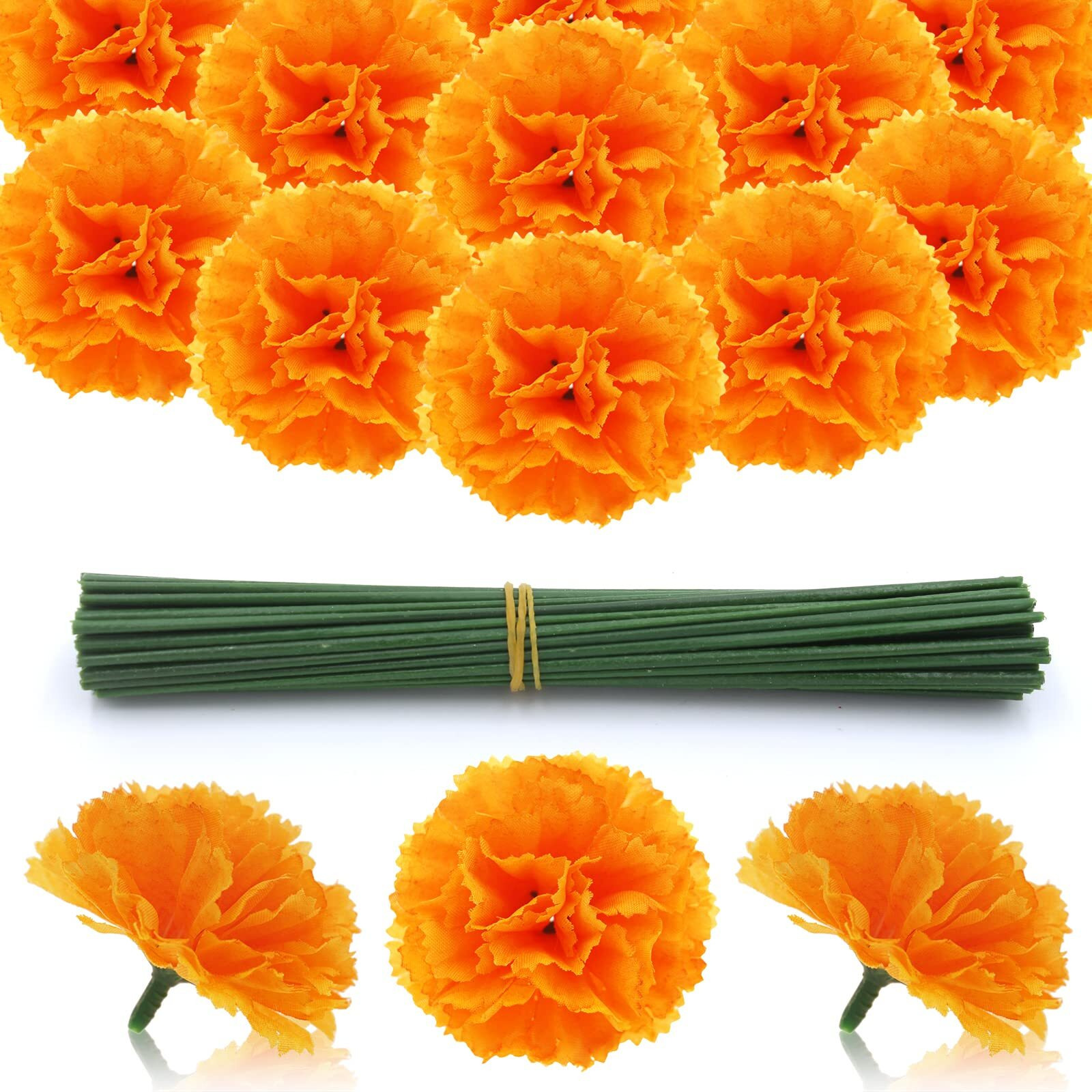Hananona 50 Pcs Marigold Flower Heads Bulk  Silk Marigold With Stems Artificial Flowers For Diwali Home Decor Day Of The Dead Wreath Garland