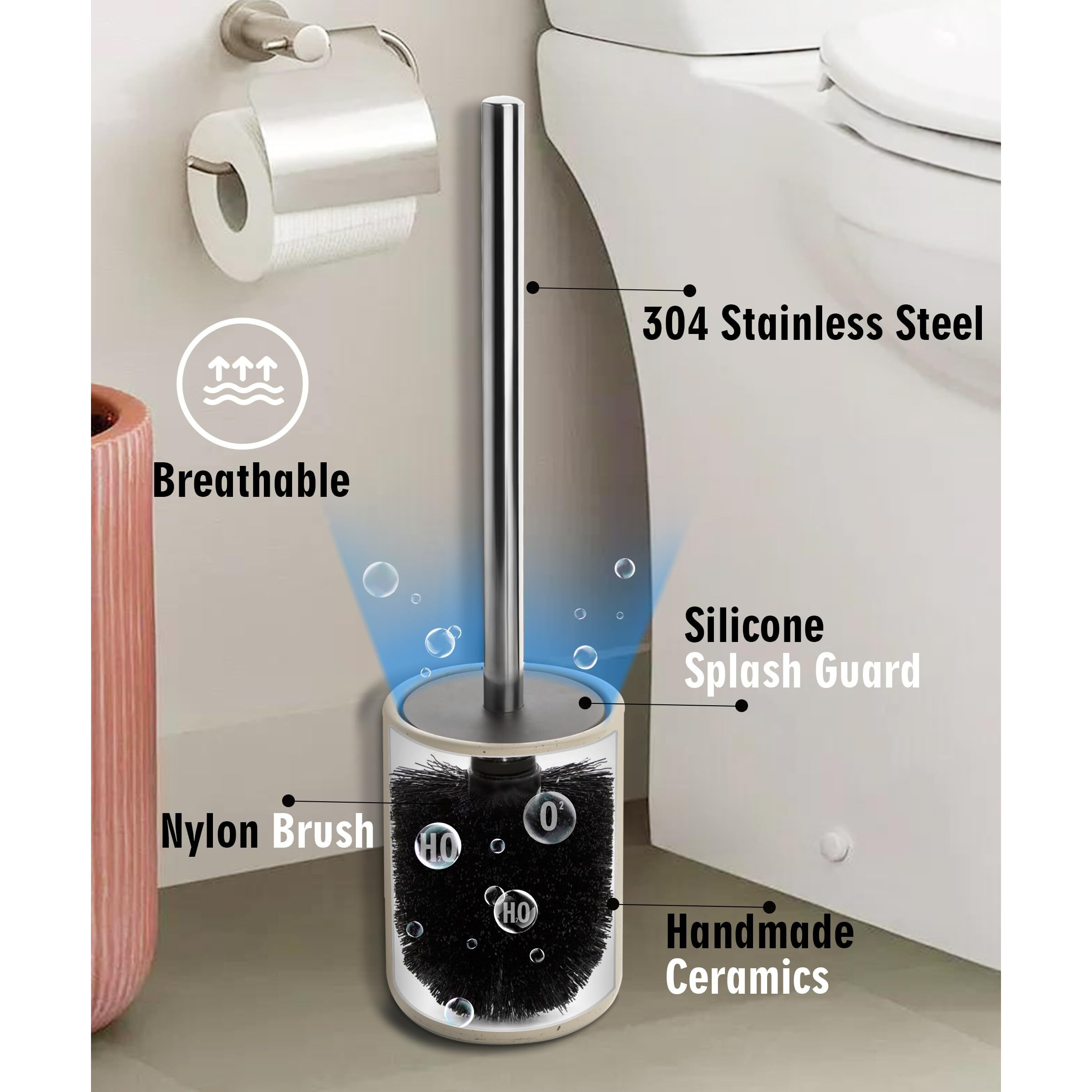 Viosuniu Ceramic Toilet Brush And Holder Set -Freestanding Deep-Cleaning Toilet Bowl Cleaner Brush  Stainless Steel Handle  Small &Sturdy For Storage  Easy To Clean  Non-Scratching  Rust-Proof(2 Pack)