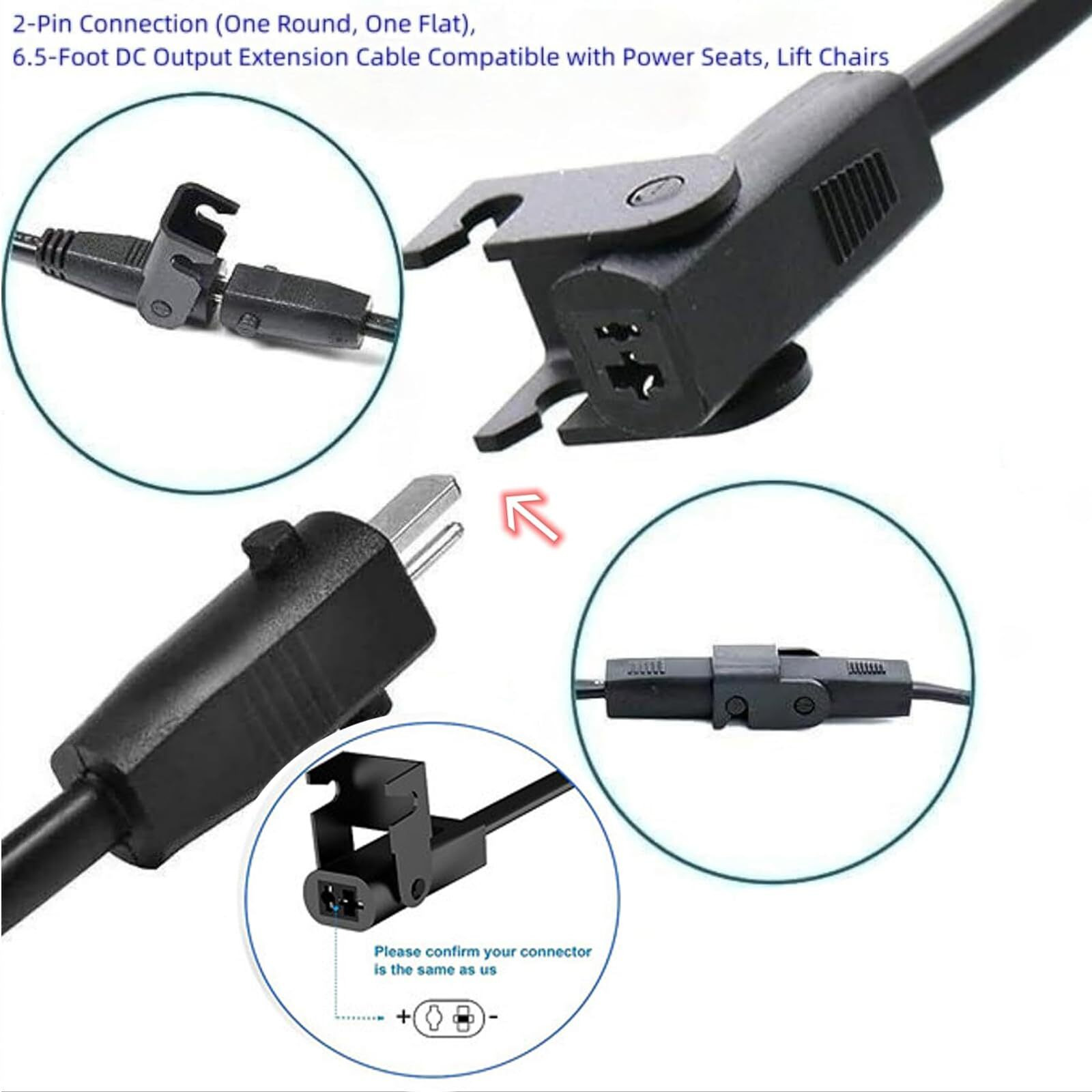 Ousaly 6.5 Feet 2-Pin Cable Extension Cord Replacement Power Supply Cable For Lift Chair Or Power Recliner  For Okin Limoss Lazy Boy Pride Catnapper Lift Chair Or Power Recliner