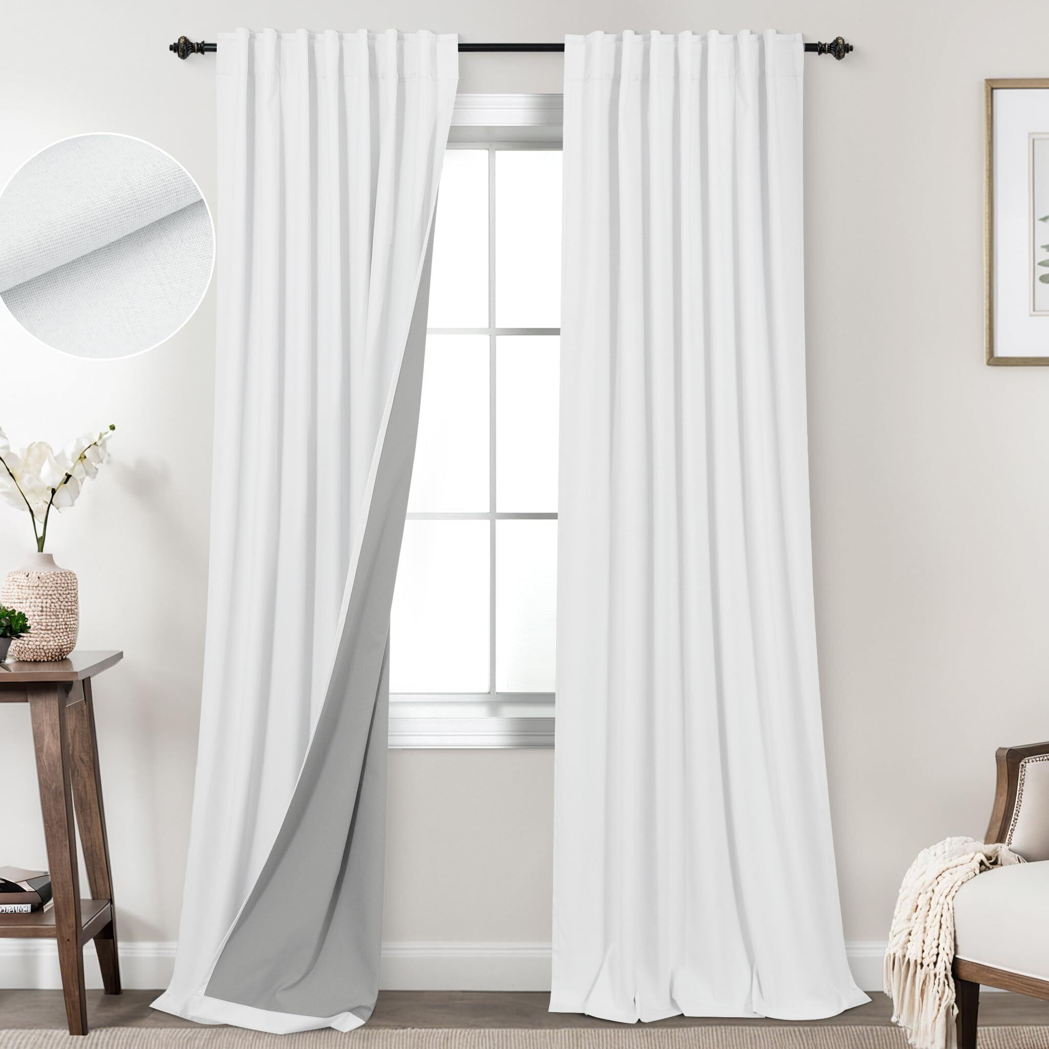Koufall White Back Tab Linen Blackout Curtains 92 Inches Long