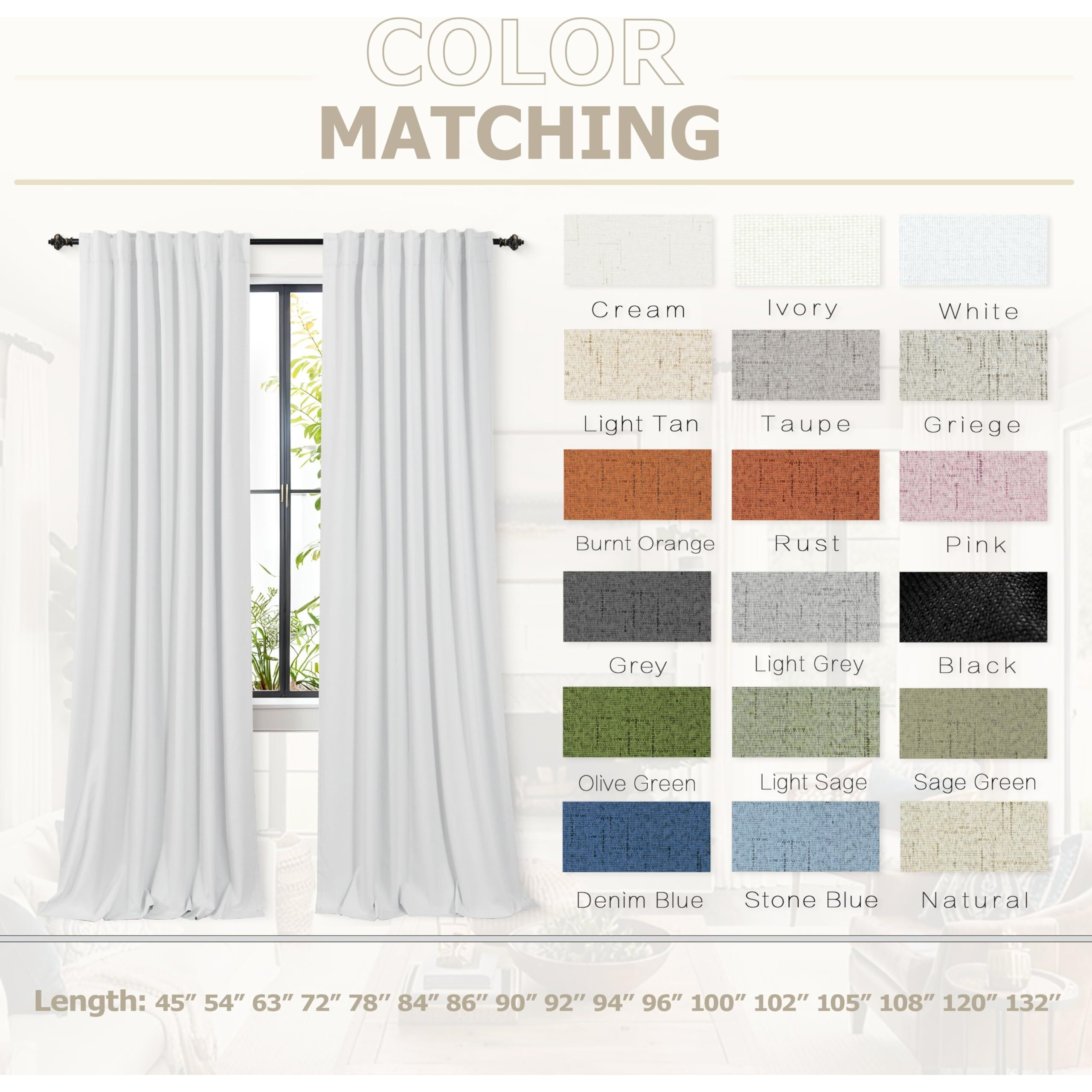 Koufall White Back Tab Linen Blackout Curtains 92 Inches Long