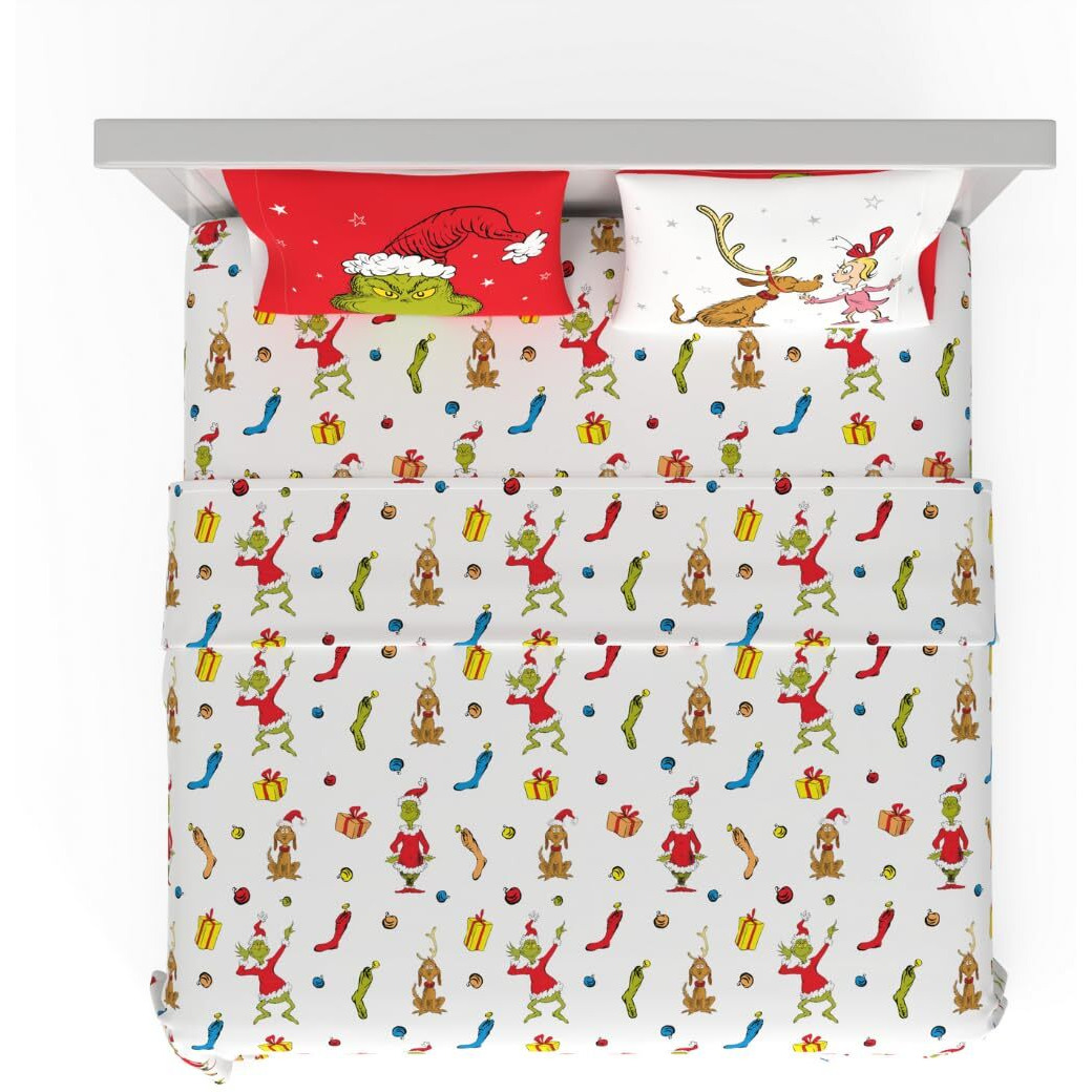 Franco Collectibles Dr. Seuss The Grinch Holiday & Christmas Bedding Super Soft Microfiber 4 Piece King Sheet Set  (Officially Licensed Product)