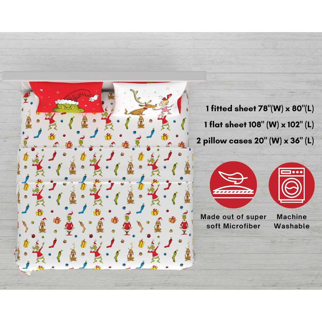 Franco Collectibles Dr. Seuss The Grinch Holiday & Christmas Bedding Super Soft Microfiber 4 Piece King Sheet Set  (Officially Licensed Product)