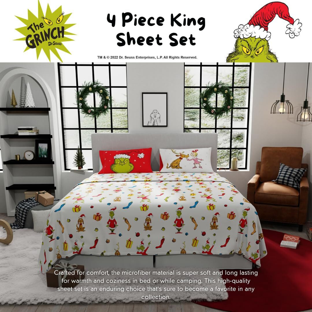 Franco Collectibles Dr. Seuss The Grinch Holiday & Christmas Bedding Super Soft Microfiber 4 Piece King Sheet Set  (Officially Licensed Product)