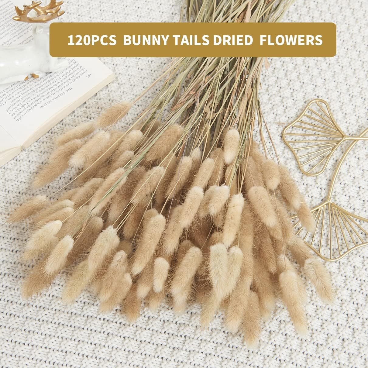 Donghome 120Pcs 17"" Bunny Tails Dried Flowers Brown Pampas Grass Natural Rabbit Tail Grass Dry Floral Arrangement For Boho Wedding Decor Baby Birthday Party