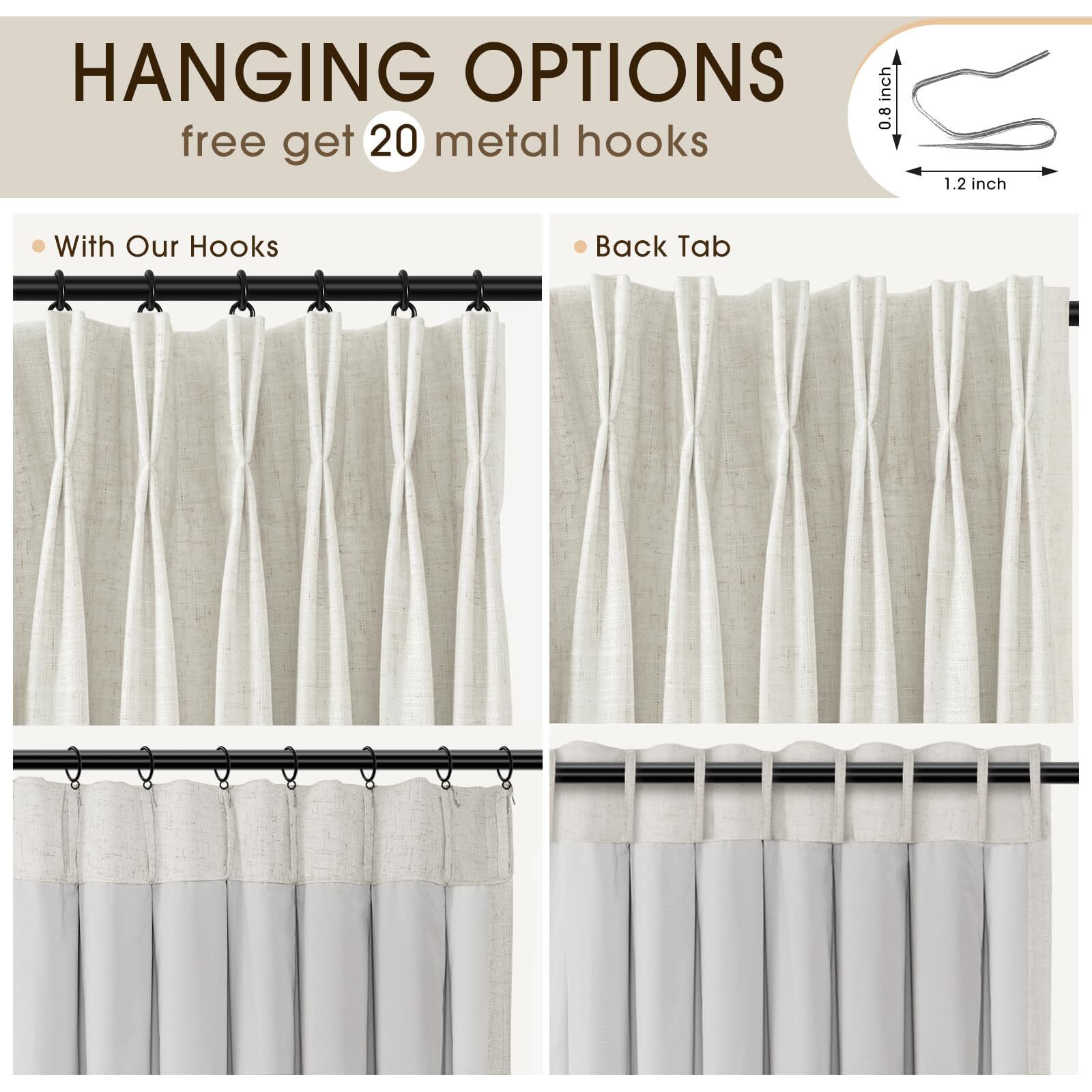 Capaloca Beige White Linen Pinch Pleated Curtains Blackout 100% Black Out Curtains 96 Inches Long 2 Panels Pinch Pleat Curtains With Hooks  Thermal Insulated Blackout Curtains For Bedroom  40Wx96L