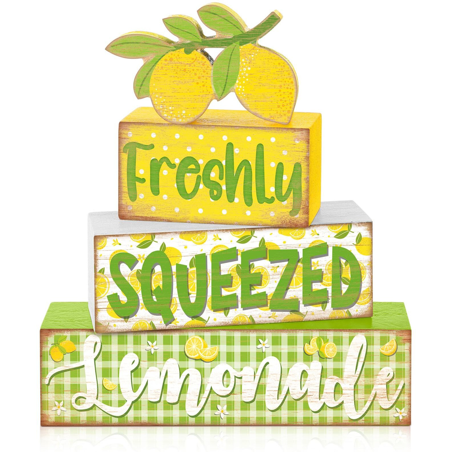 Burbell 4 Pcs Summer Wooden Tiered Tray Decor Farmhouse Decorative Fake Book Decor Tiered Tray Decor Rustic Table Decor Books Stack Sign For Home Office (Lemon Style)