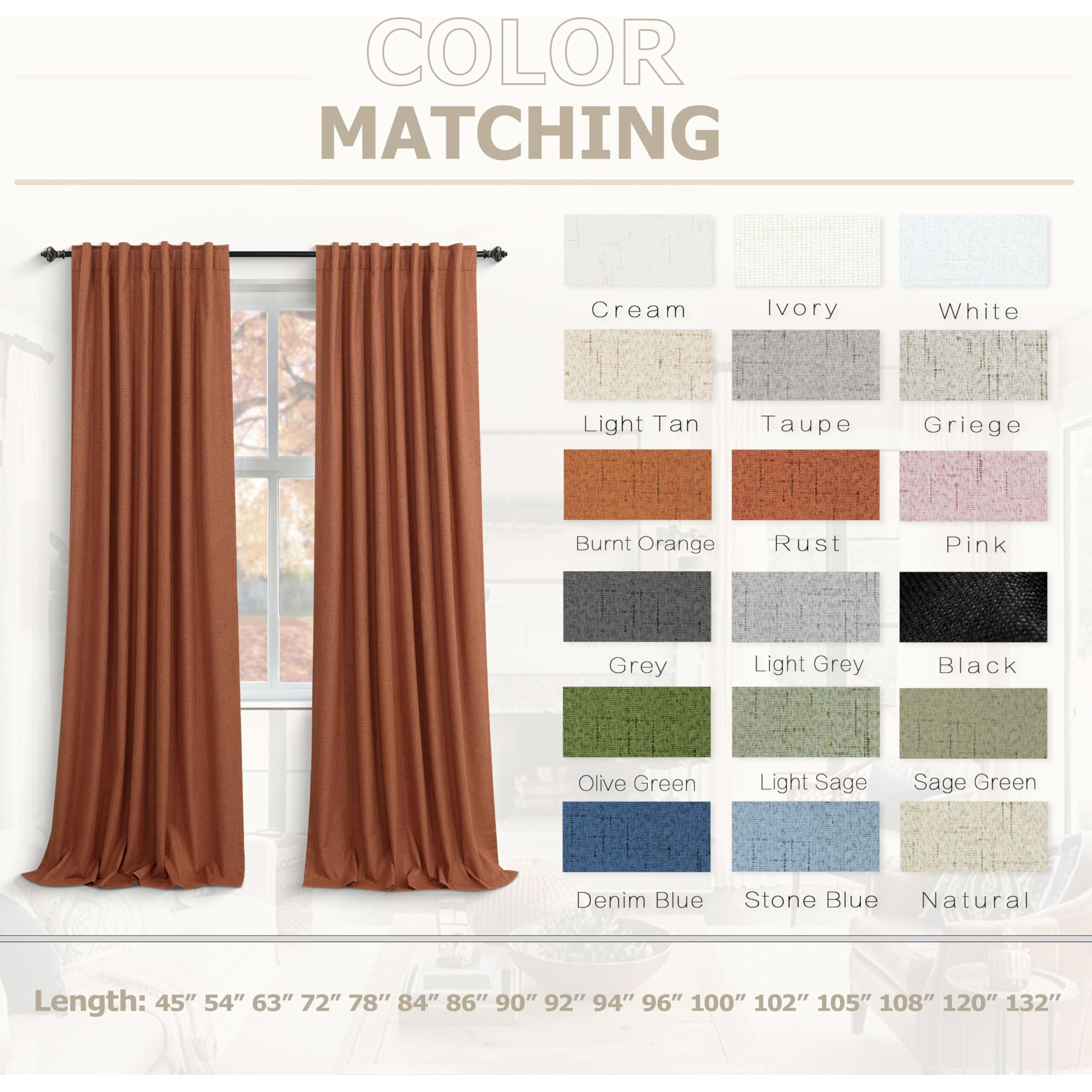 Koufall 52X72 Inches Long Terracotta Back Tab Linen Blackout Curtains