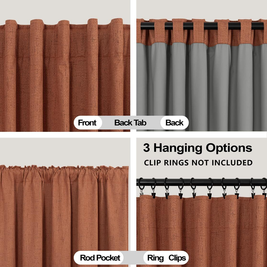 Koufall 52X72 Inches Long Terracotta Back Tab Linen Blackout Curtains