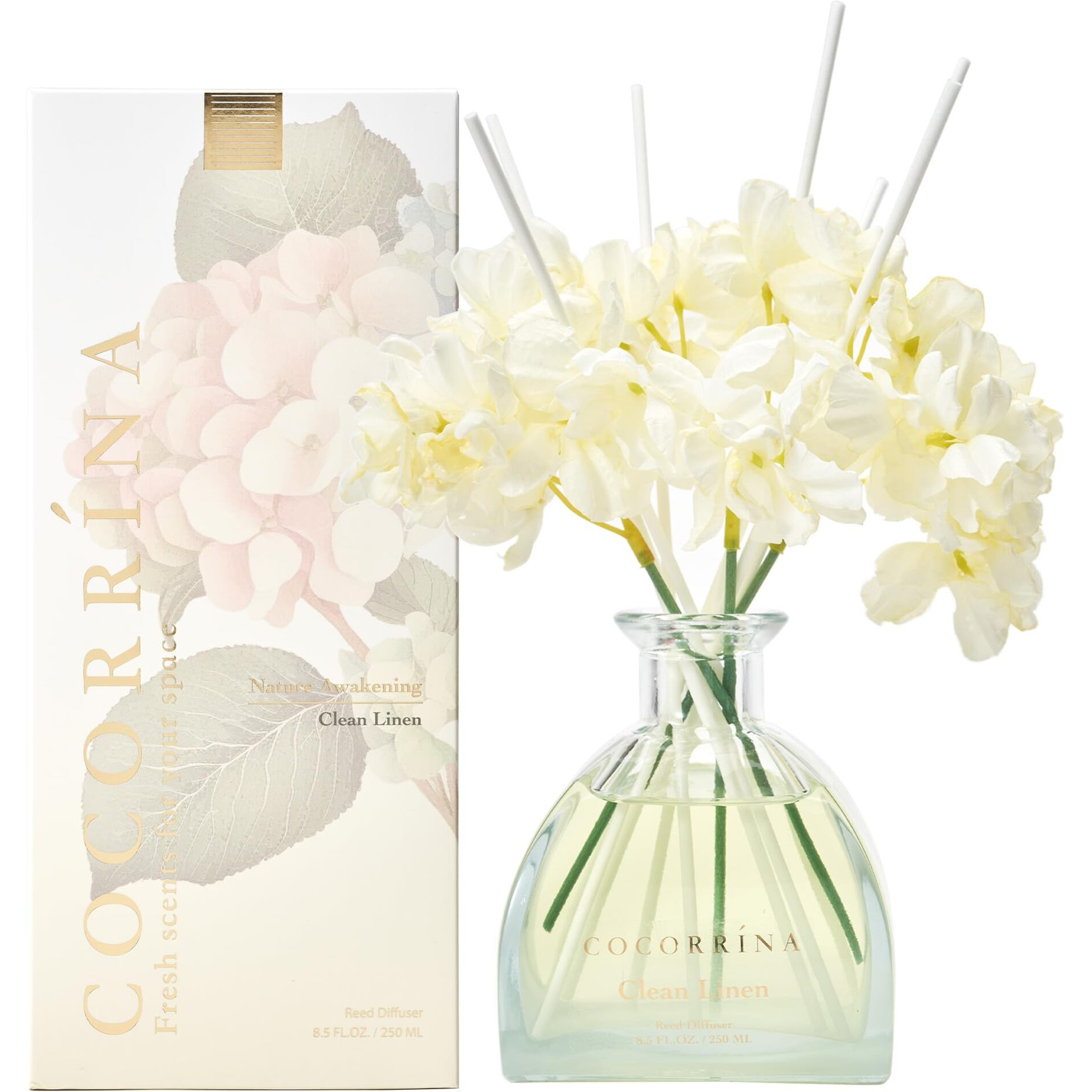 CocorrNa Reed Diffuser - 8.5 Oz Clean Linen Reed Diffuser With 8 Sticks For Home Bathroom Shelf Decor (Simple Luxe Collection)