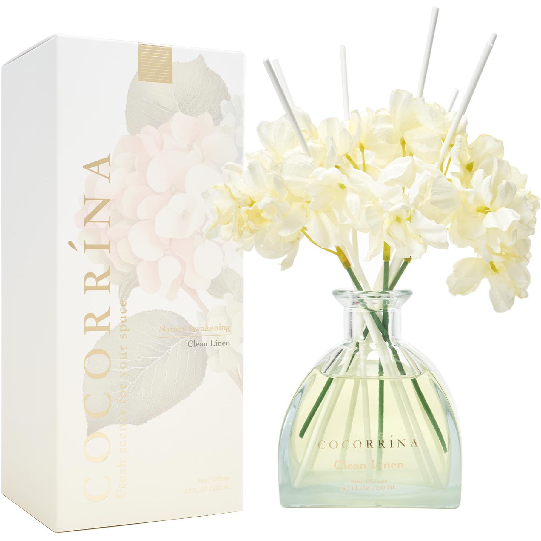 CocorrNa Reed Diffuser - 8.5 Oz Clean Linen Reed Diffuser With 8 Sticks For Home Bathroom Shelf Decor (Simple Luxe Collection)