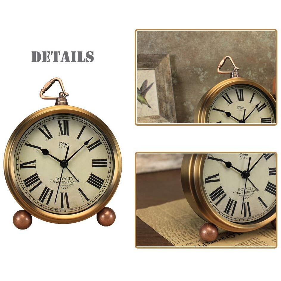 Maxspace Table Clock  Golden Metal Retro Non-Ticking Alarm Clock For Bedroom  Vintage Battery Operated Silent Quartz Movement Hd Glass Small Desk Clock For Living Room Indoor Decoration