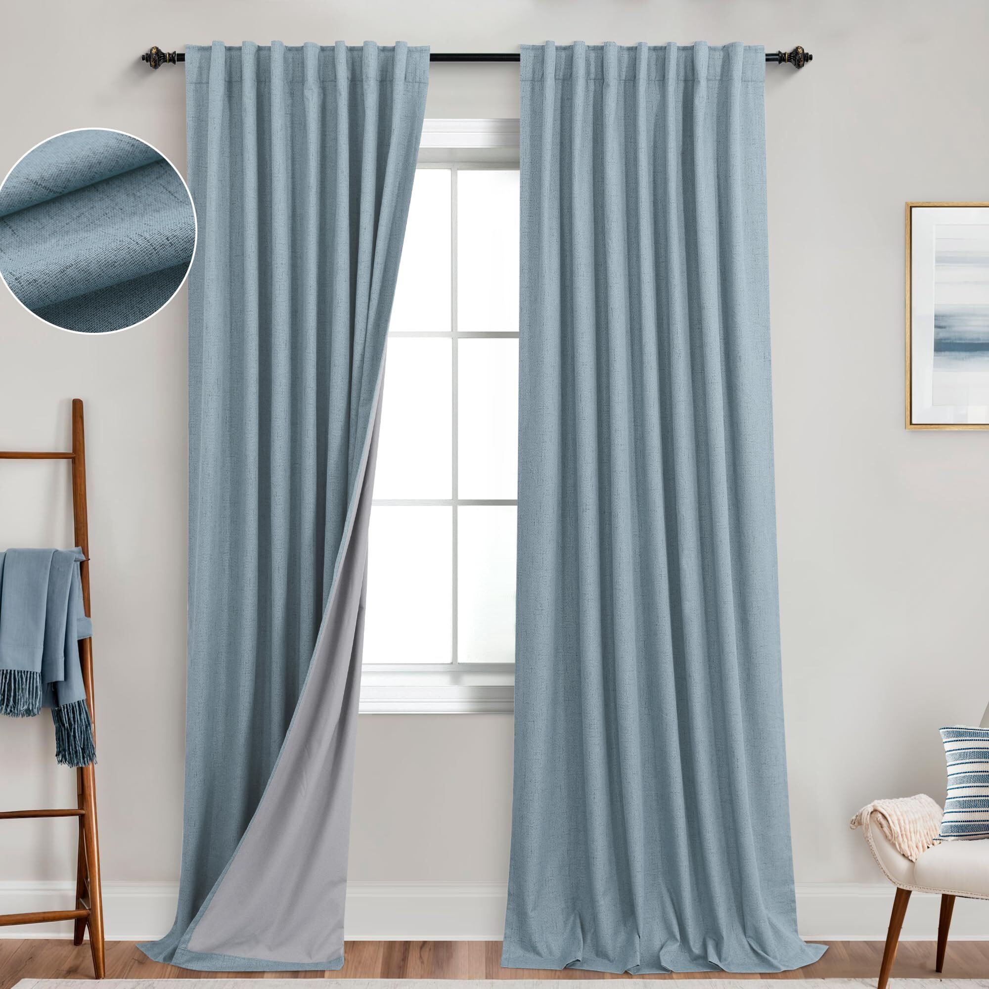 Koufall 52X102 Inches Long Stone Blue Back Tab Linen Blackout Curtains For Living Room