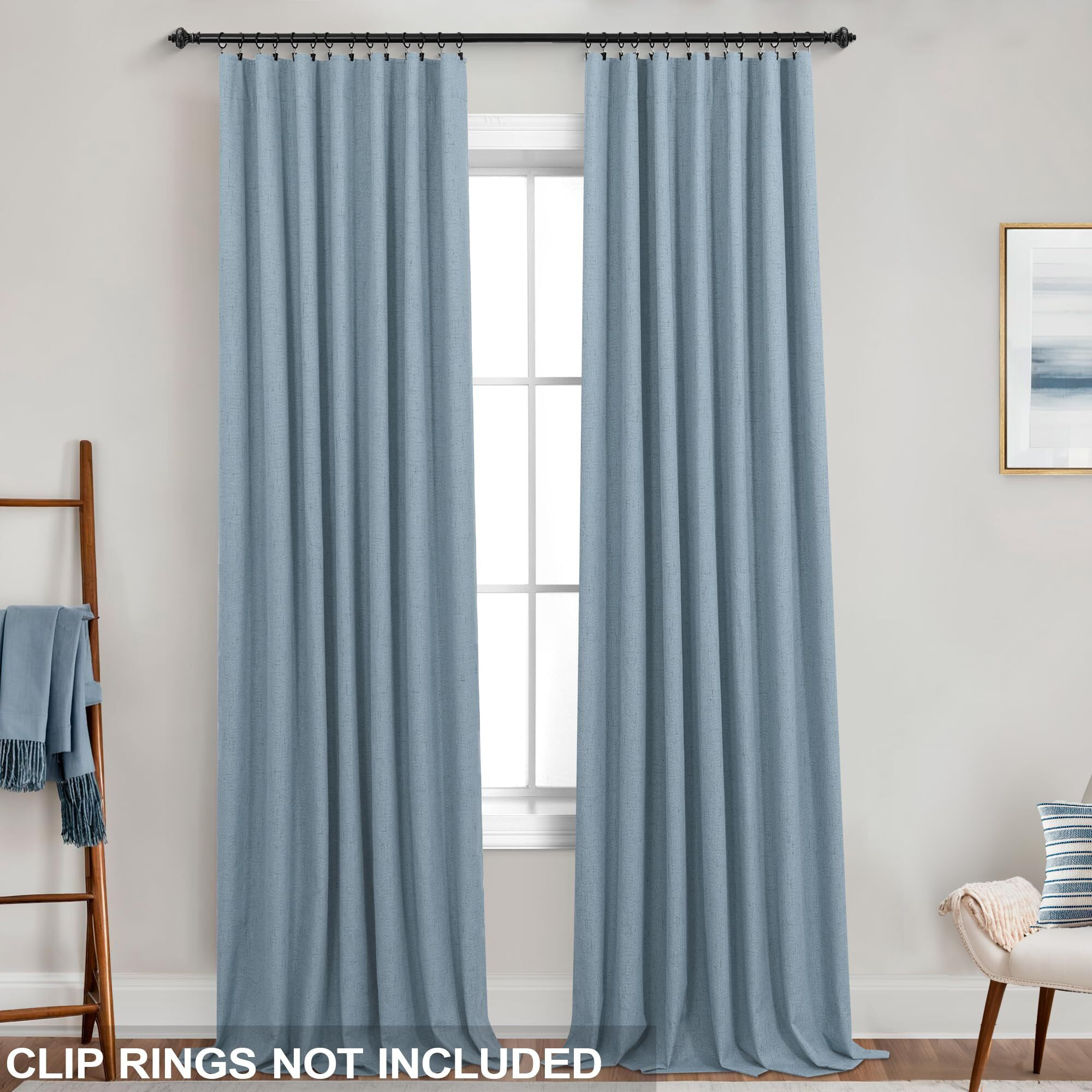 Koufall 52X102 Inches Long Stone Blue Back Tab Linen Blackout Curtains For Living Room
