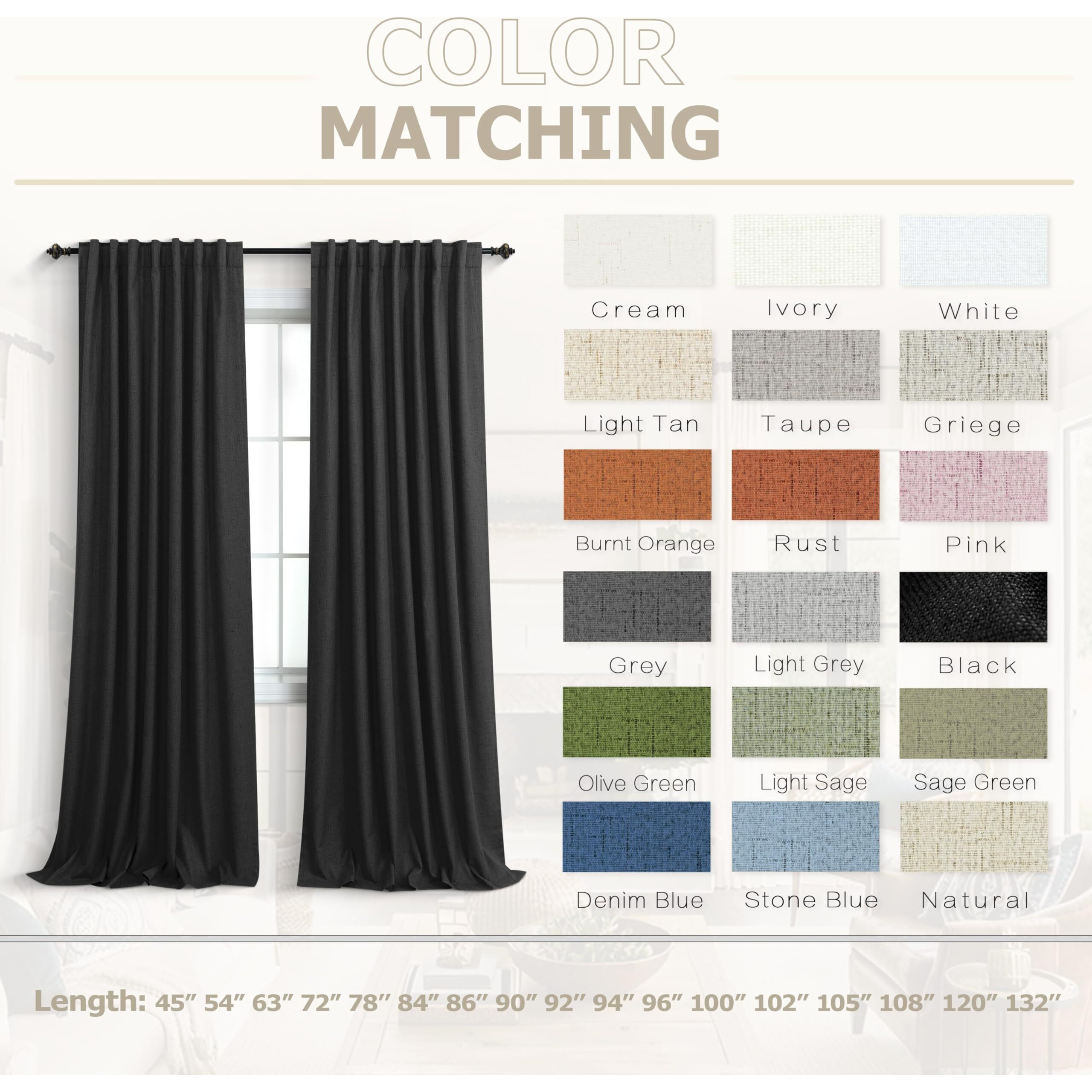 Koufall Black Linen Textured Total Blackout Curtains 52 X 84 Inches Long For Bedroom Back Tab Pleated Window Curtain Panels Set Of 2
