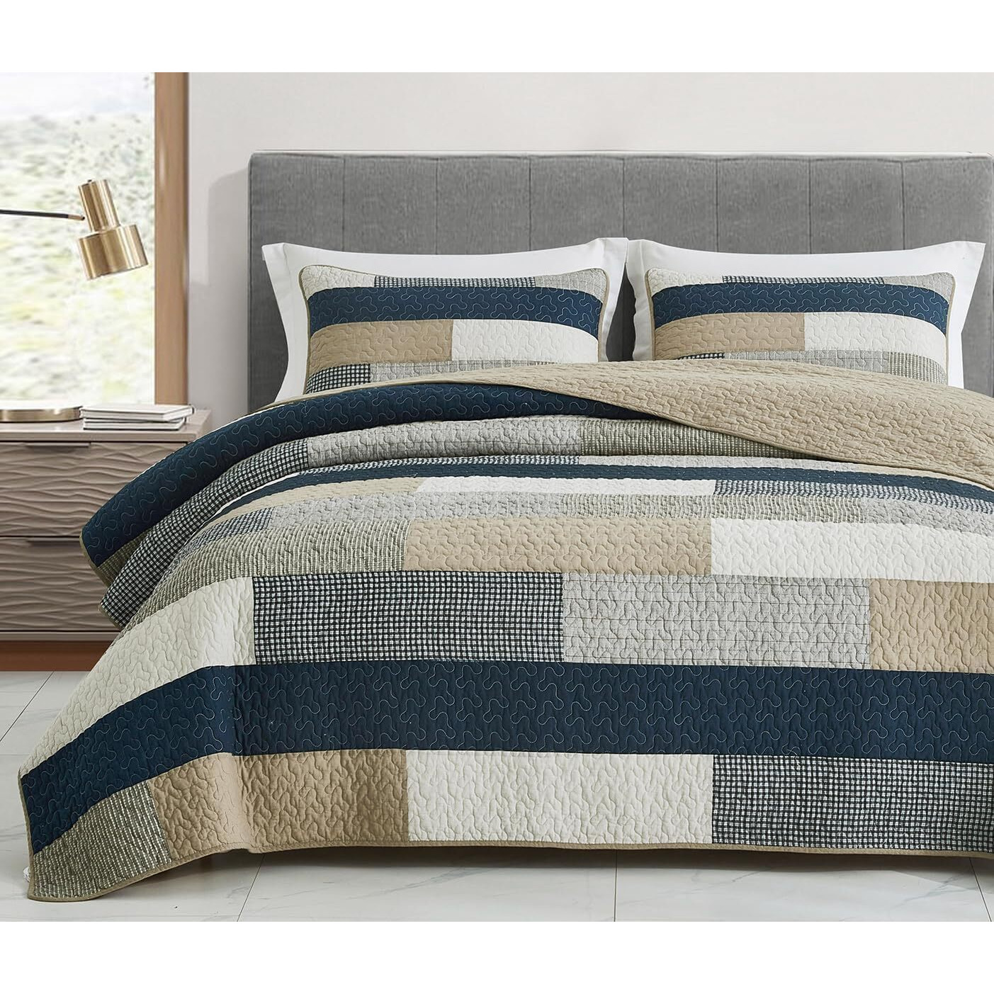 Chezmoi Collection Dylan 3-Piece Navy Blue White Gray Taupe Plaid Rectangular Patchwork Quilt Set - Pre-Washed Cotton Quilted Lightweight Reversible Bedspread For All Seasons  Oversized King Size