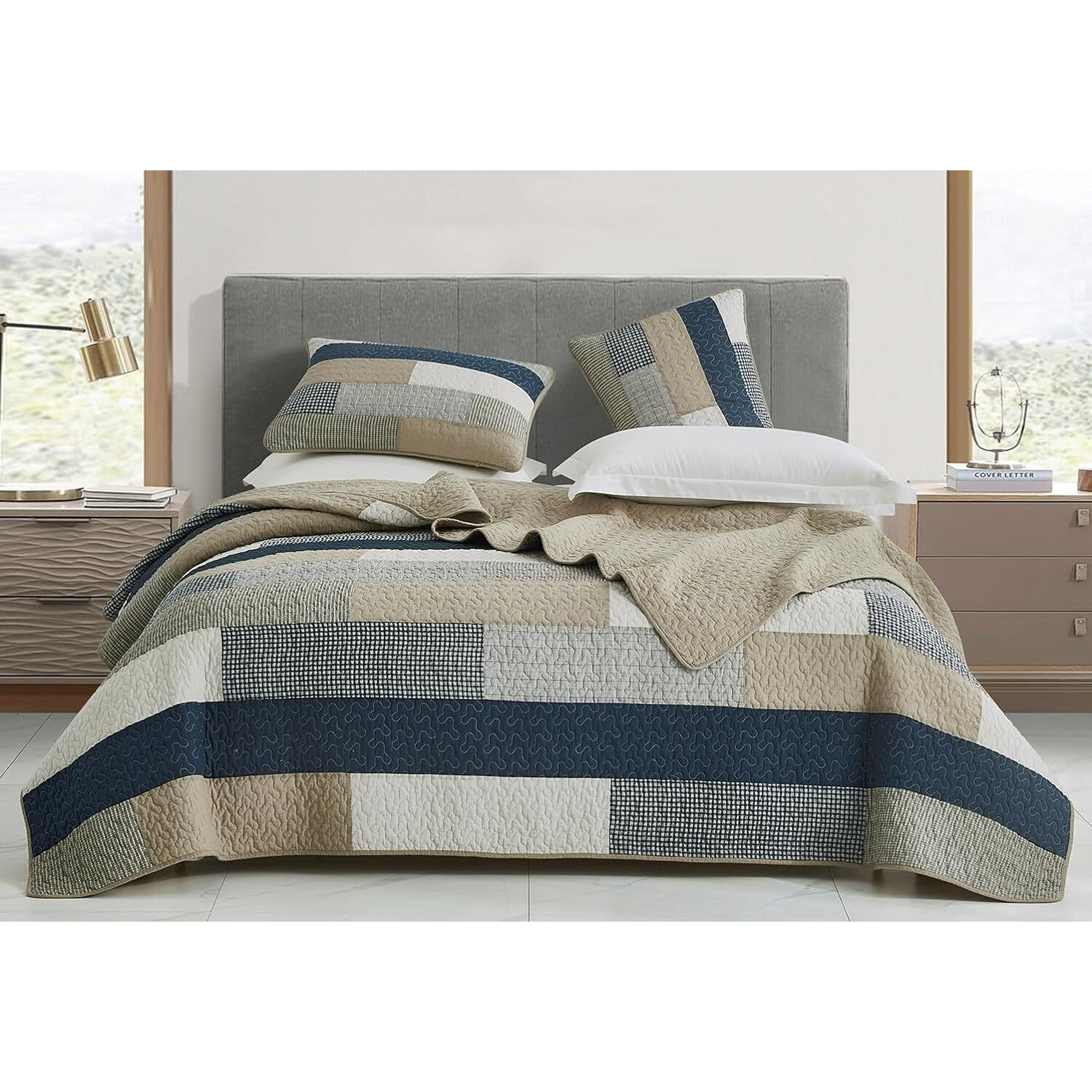 Chezmoi Collection Dylan 3-Piece Navy Blue White Gray Taupe Plaid Rectangular Patchwork Quilt Set - Pre-Washed Cotton Quilted Lightweight Reversible Bedspread For All Seasons  Oversized King Size