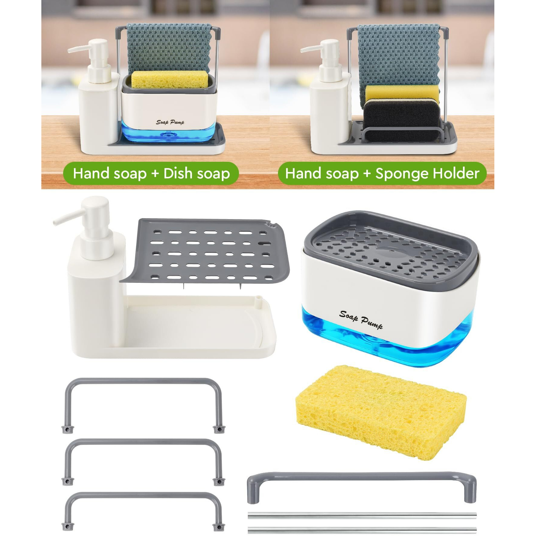 Hand And Dish Soap Dispenser Set With Tray  Dual Soap Dispenser With Sponge Holder And Dishcloth Holder 5-In-1 Organizer For Kitchen Sink Countertop Storage Organize - Useful Kitchen Gadgets (White)