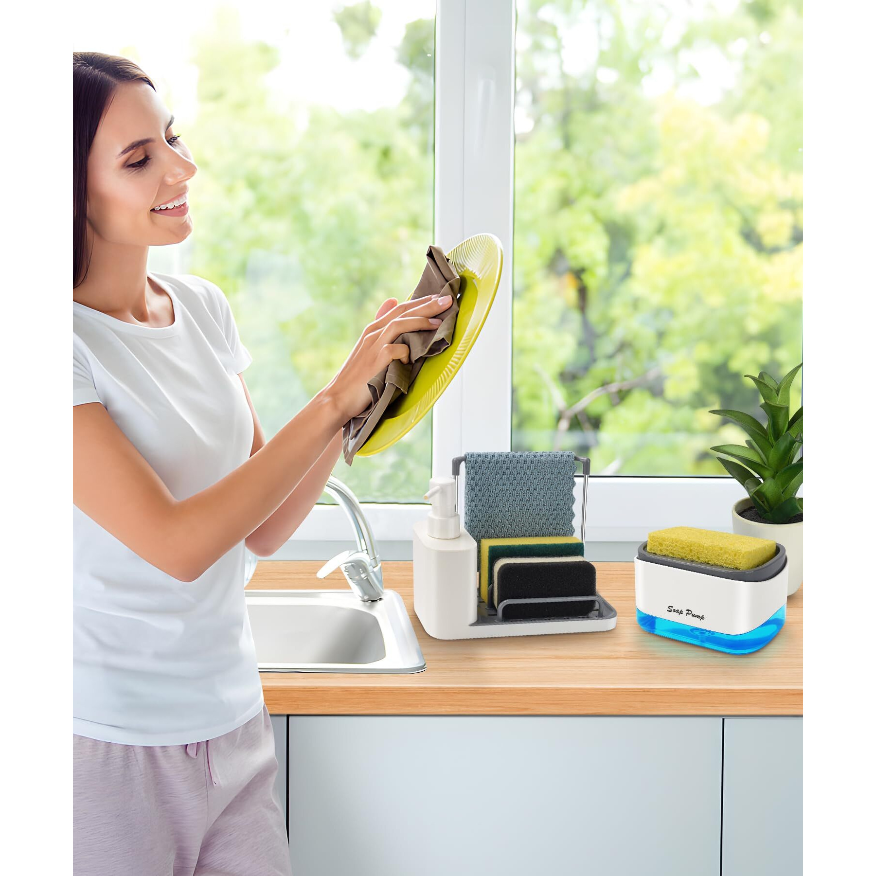 Hand And Dish Soap Dispenser Set With Tray  Dual Soap Dispenser With Sponge Holder And Dishcloth Holder 5-In-1 Organizer For Kitchen Sink Countertop Storage Organize - Useful Kitchen Gadgets (White)