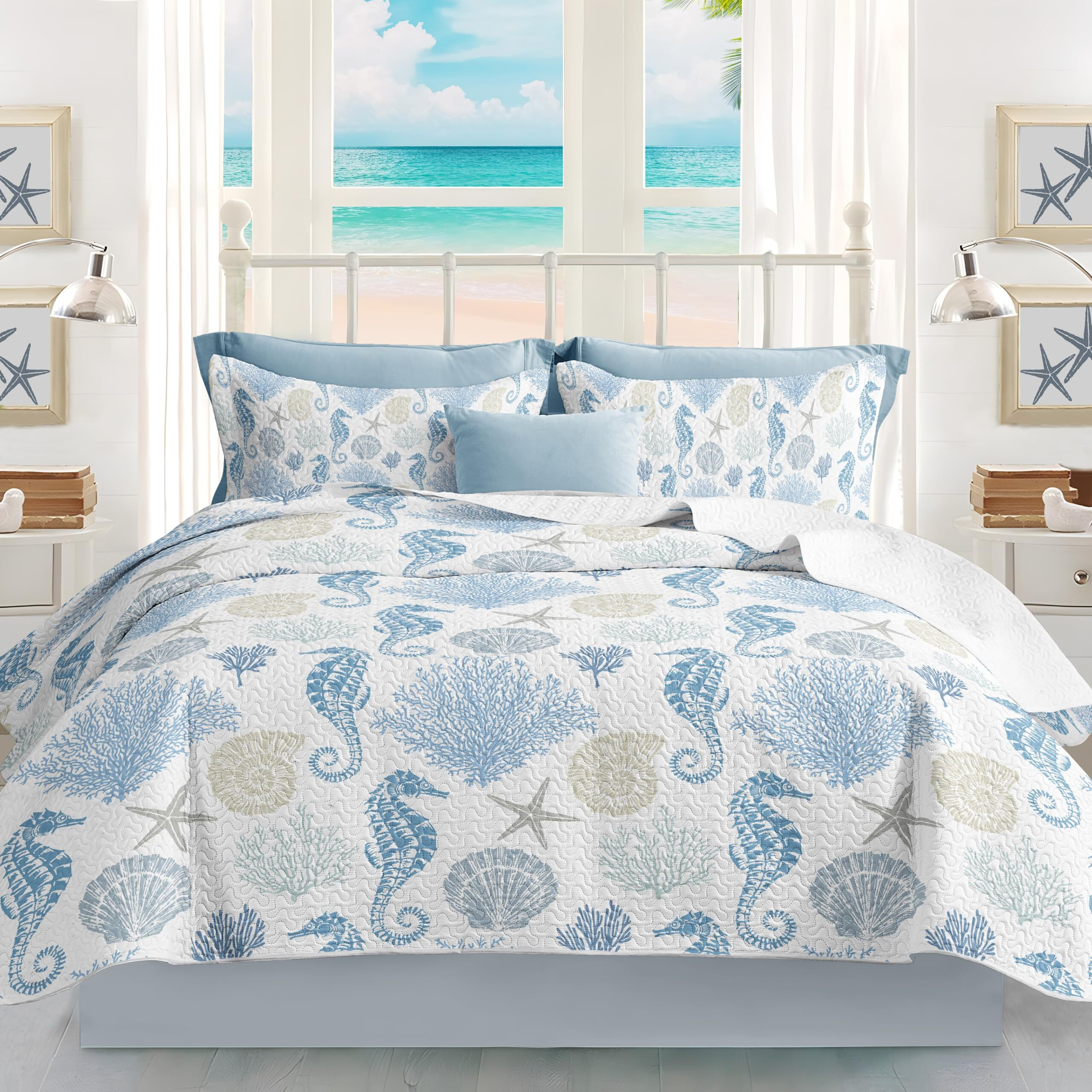 Coastal Bedding Twin Size Coastal Quilt With Shams  Nautical Bedding Beach Comforter Sets Ocean Bedspreads Blue Seahorse Coverlet Summer Bedding  68''X86''