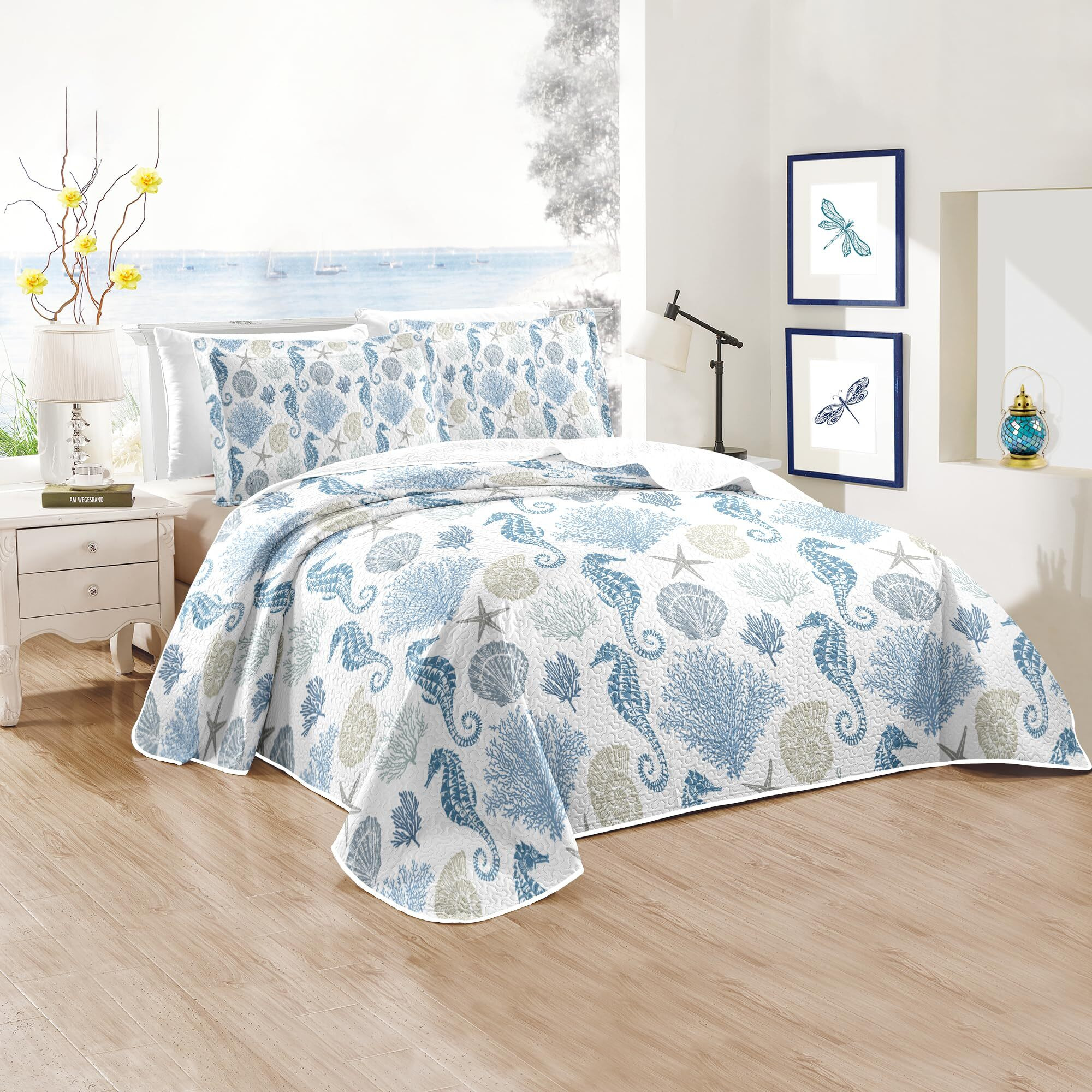 Coastal Bedding Twin Size Coastal Quilt With Shams  Nautical Bedding Beach Comforter Sets Ocean Bedspreads Blue Seahorse Coverlet Summer Bedding  68''X86''