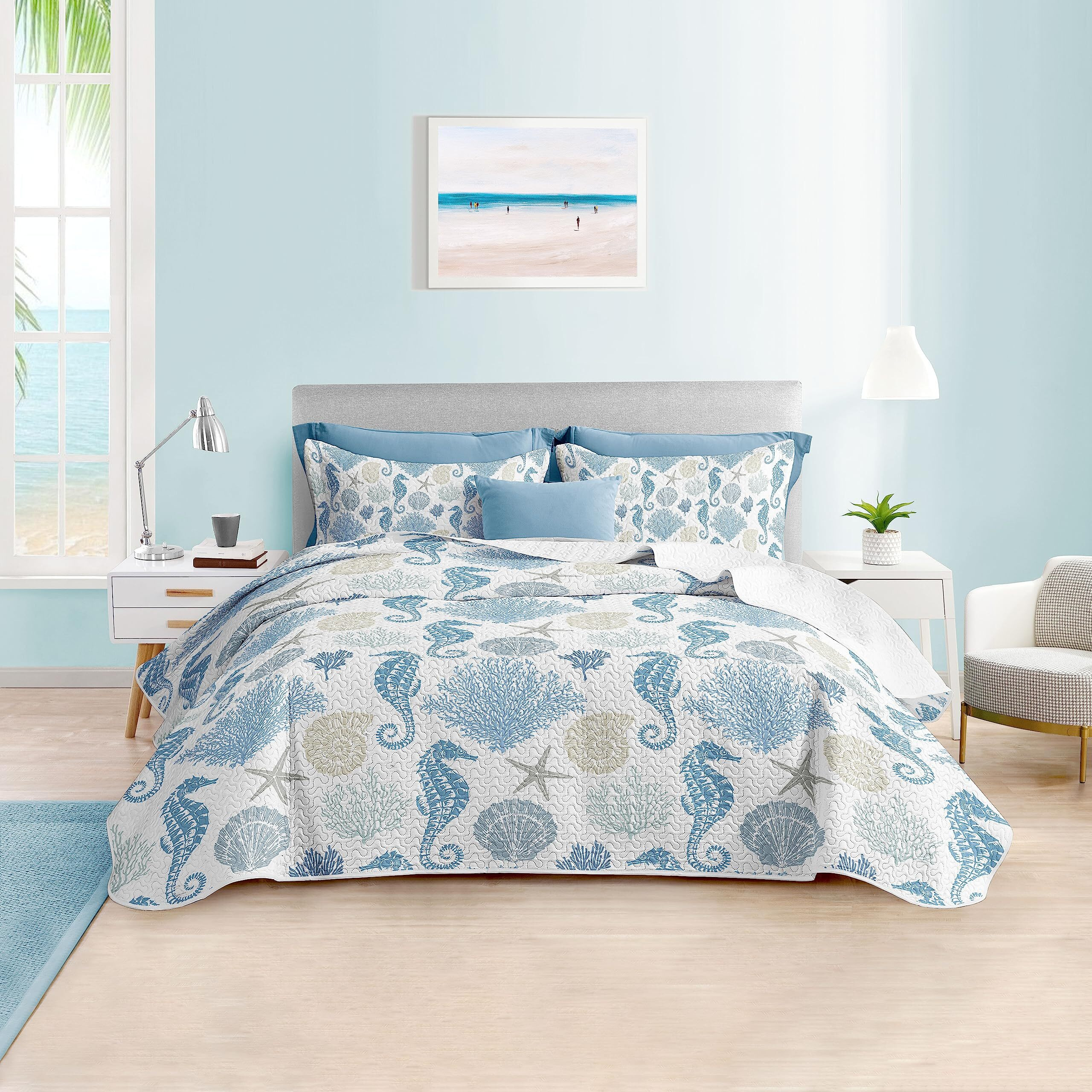 Coastal Bedding Twin Size Coastal Quilt With Shams  Nautical Bedding Beach Comforter Sets Ocean Bedspreads Blue Seahorse Coverlet Summer Bedding  68''X86''