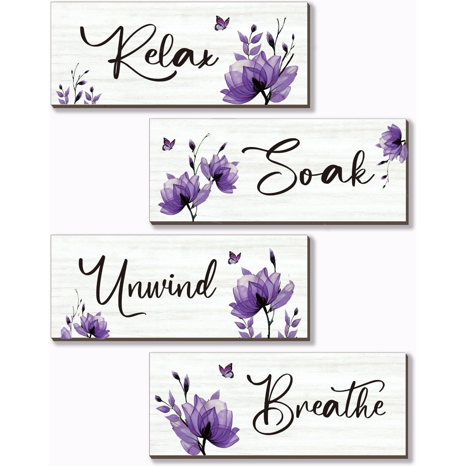 Onizhity Set Of 4 Purple Bathroom Decor With Purple Flower Wall Decor Inspire Relax Soak Unwind Breathe Rustic Wooden Wall Art Ideal For Bedroom Office Living Room Kitchen Decoration(Purple 10X4Inch)