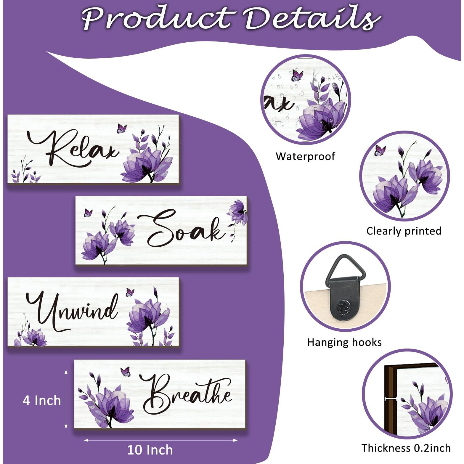 Onizhity Set Of 4 Purple Bathroom Decor With Purple Flower Wall Decor Inspire Relax Soak Unwind Breathe Rustic Wooden Wall Art Ideal For Bedroom Office Living Room Kitchen Decoration(Purple 10X4Inch)