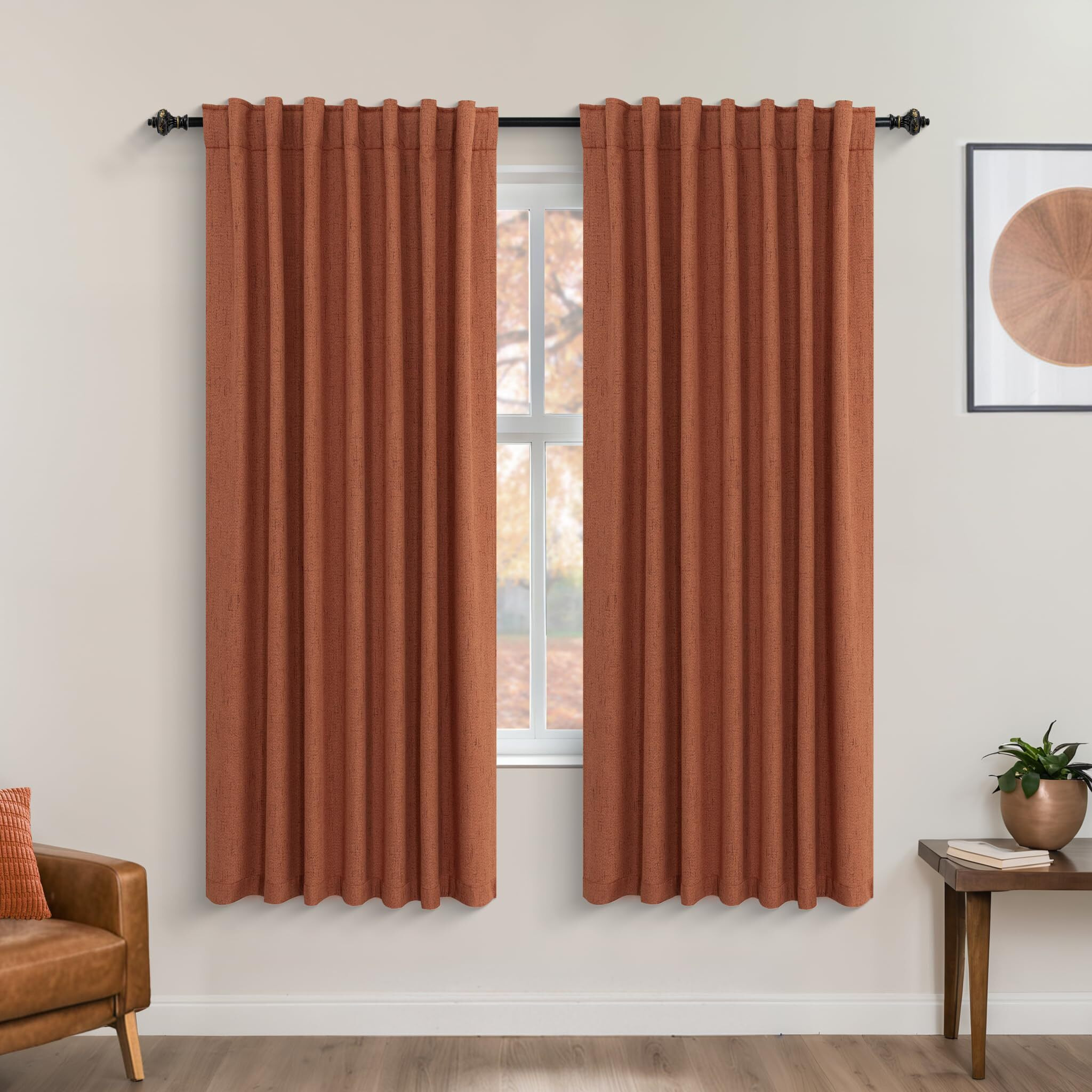Koufall Blackout Curtains 63 Inch Length Boho Rust Terracotta Linen Bohemian Curtains For Living Room Bedroom Mcm Terra Cotta