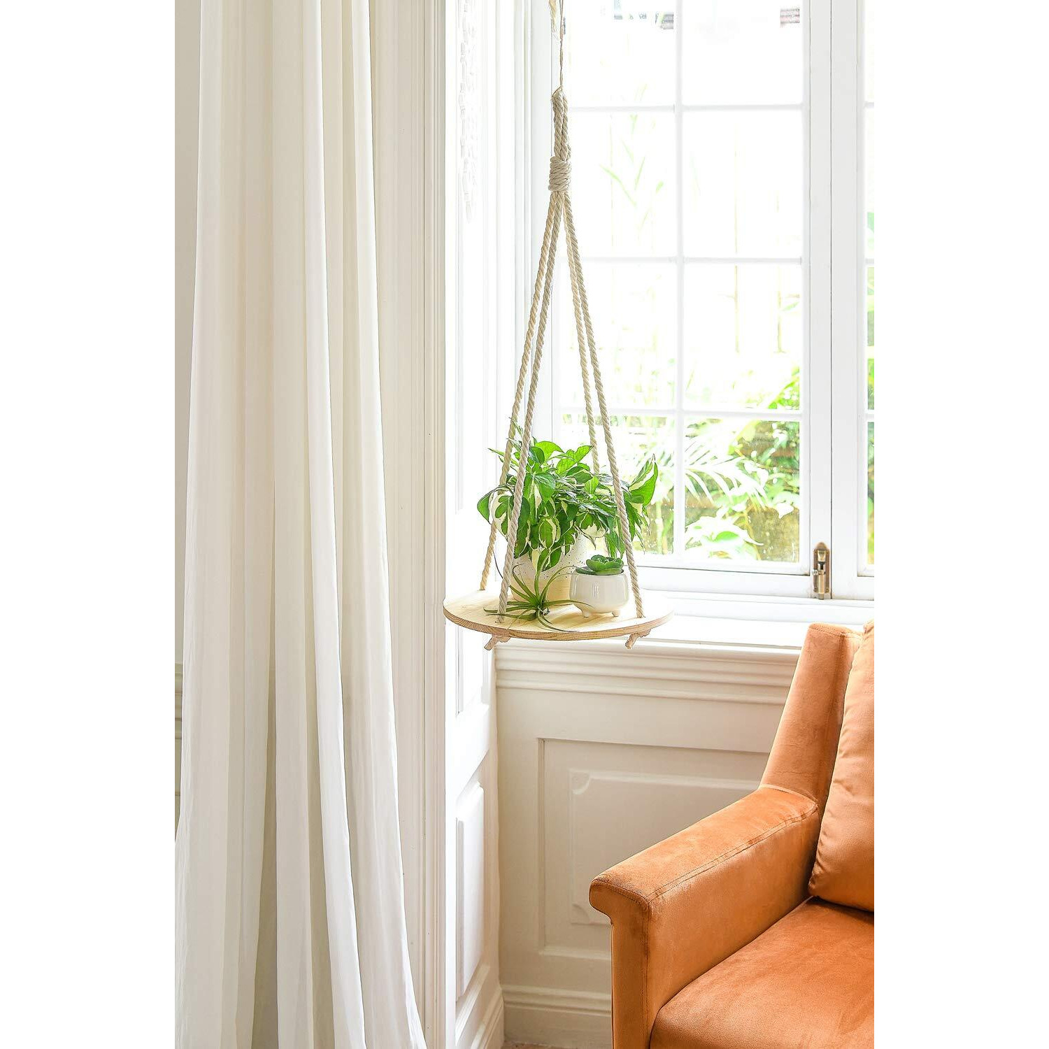 Dahey Hanging Plant Shelf Round Wood Rope Hanging Floating Shelf Vintage Home Decor Display Planter Rack For Living Room Bedroom Kitchen Room Nature