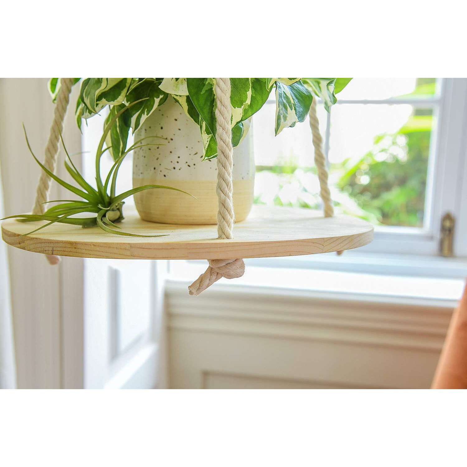Dahey Hanging Plant Shelf Round Wood Rope Hanging Floating Shelf Vintage Home Decor Display Planter Rack For Living Room Bedroom Kitchen Room Nature