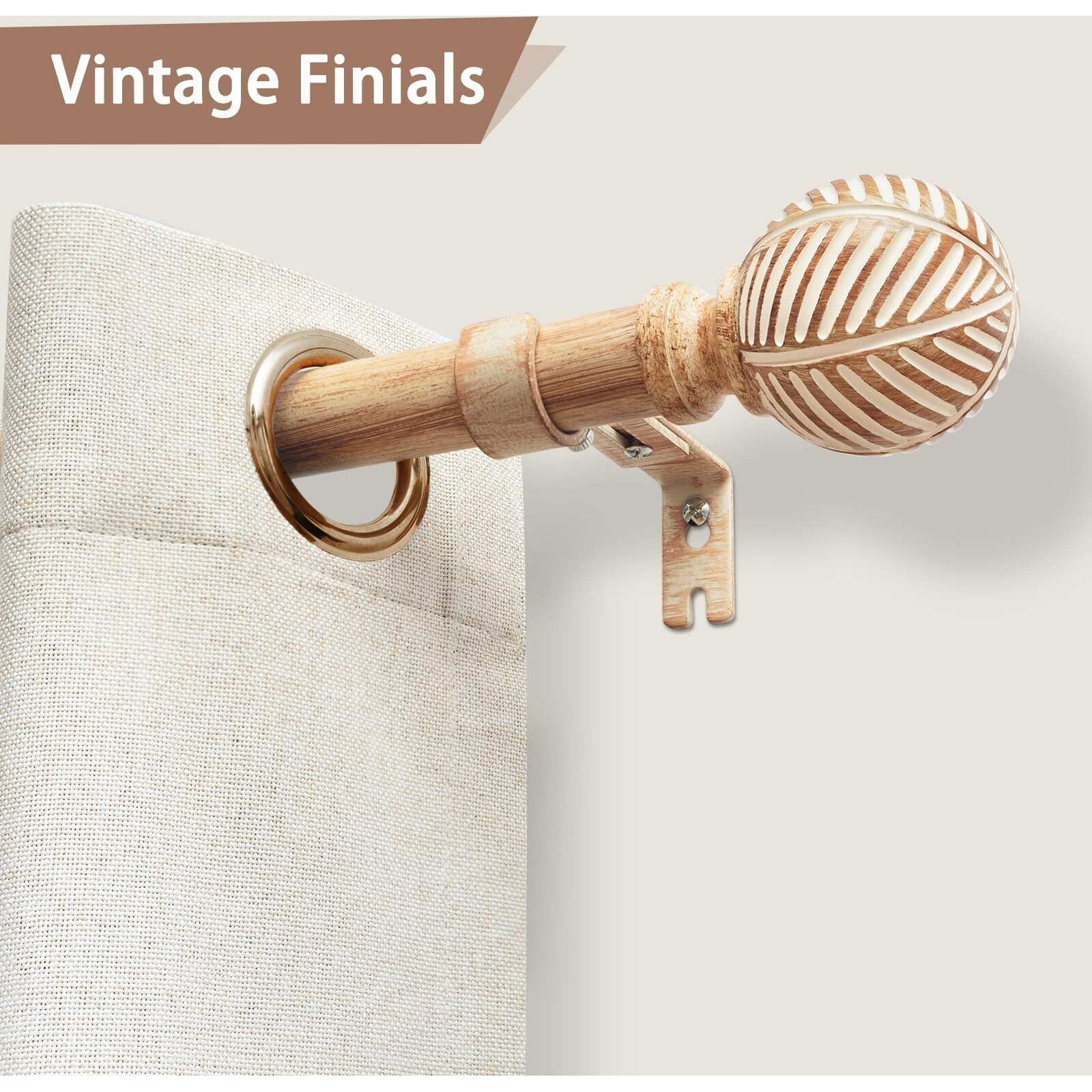 Wood Curtain Rods For Windows 32 To 240  1 Inch Curtain Rod Set  Heavy Duty Drapery Rods With Imitation Wood Grain Leaf Pattern Finials  Indoor/Outdoor Modern Curtain Rod  32""-240""  Brown