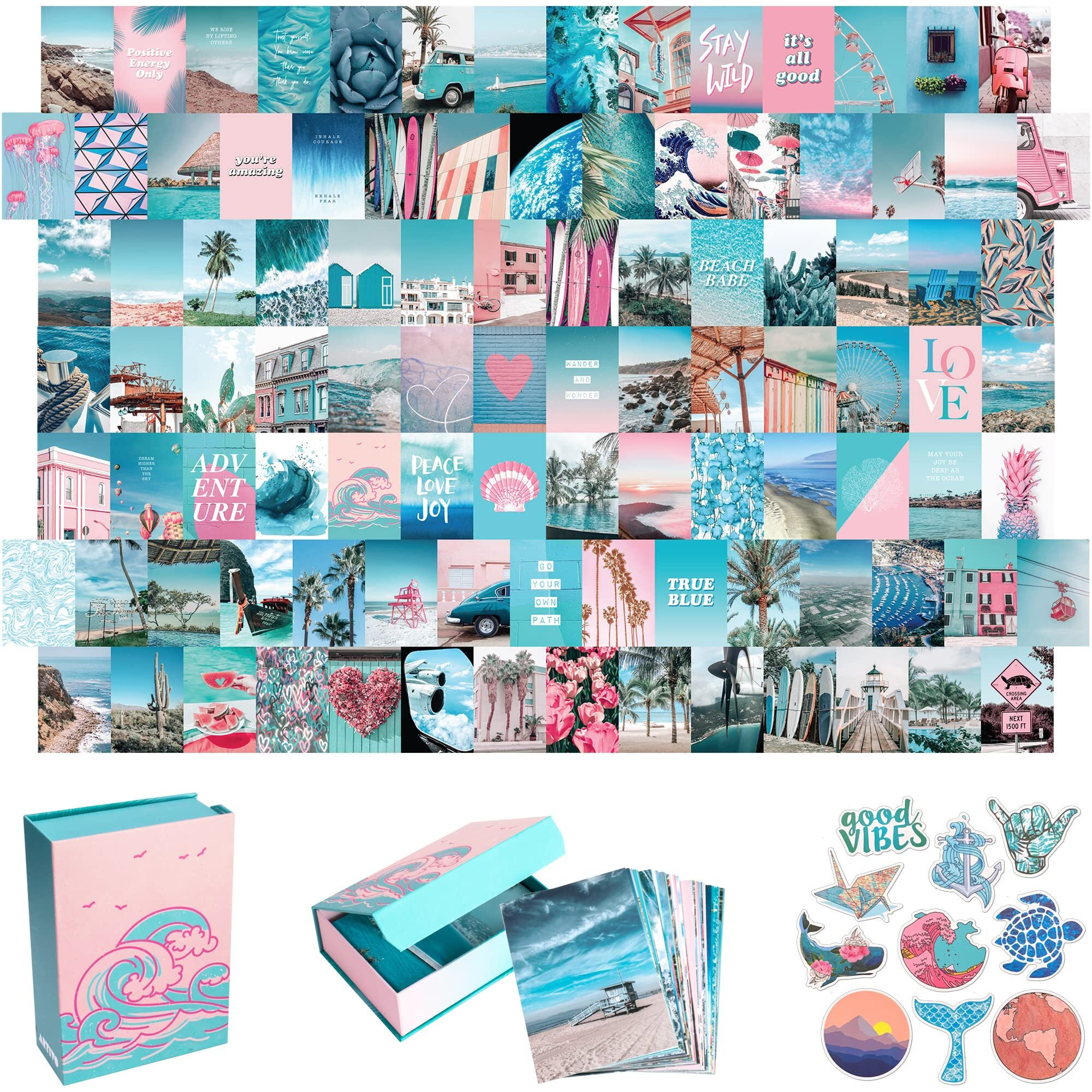 Blue Aesthetic Wall Collage Kit  100 Set 4X6 Inch  Pink Vsco Room Decor For Teen Girls  Summer Beach Wall Art Print  Dorm Photo Collection  Small Posters For Room Aesthetic