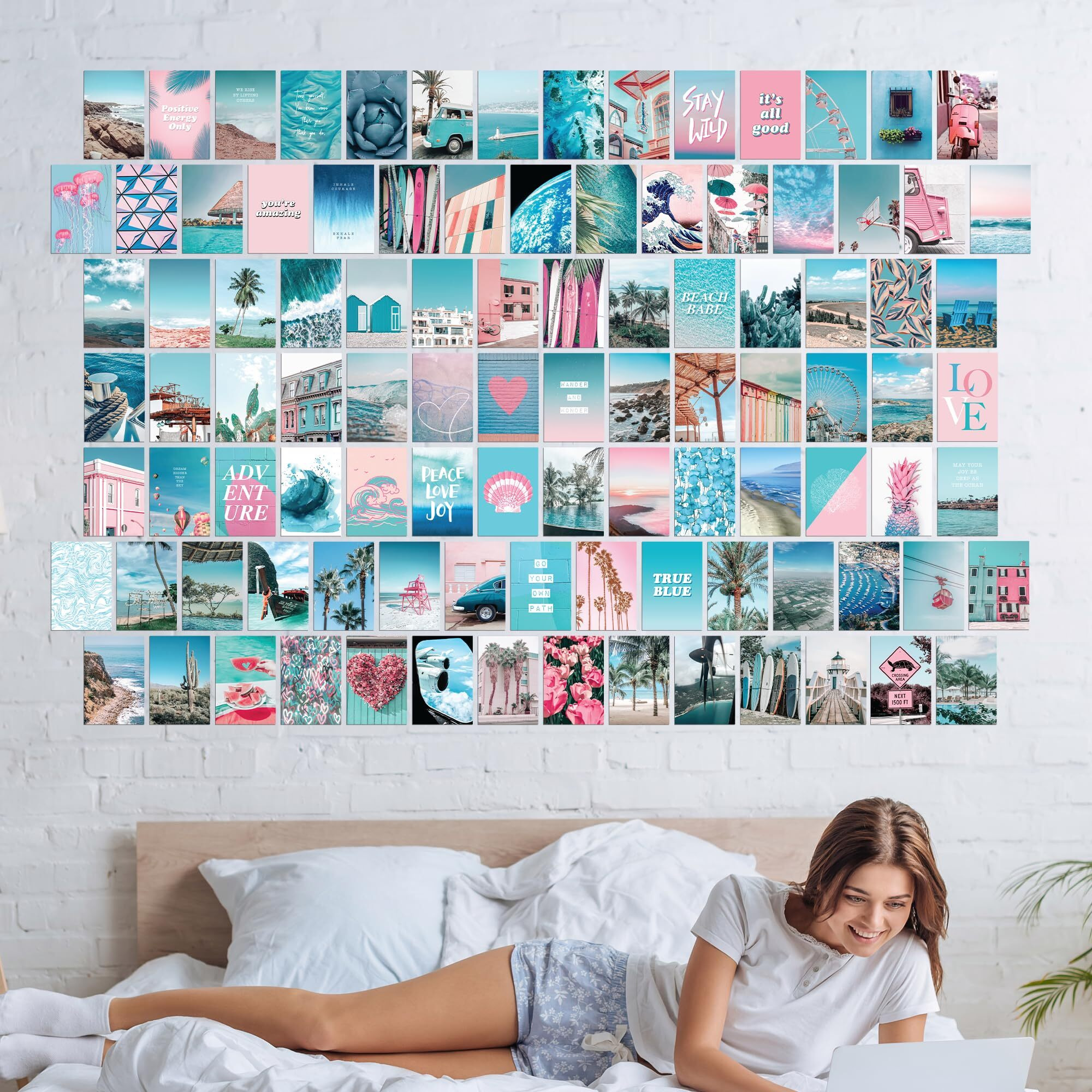 Blue Aesthetic Wall Collage Kit  100 Set 4X6 Inch  Pink Vsco Room Decor For Teen Girls  Summer Beach Wall Art Print  Dorm Photo Collection  Small Posters For Room Aesthetic