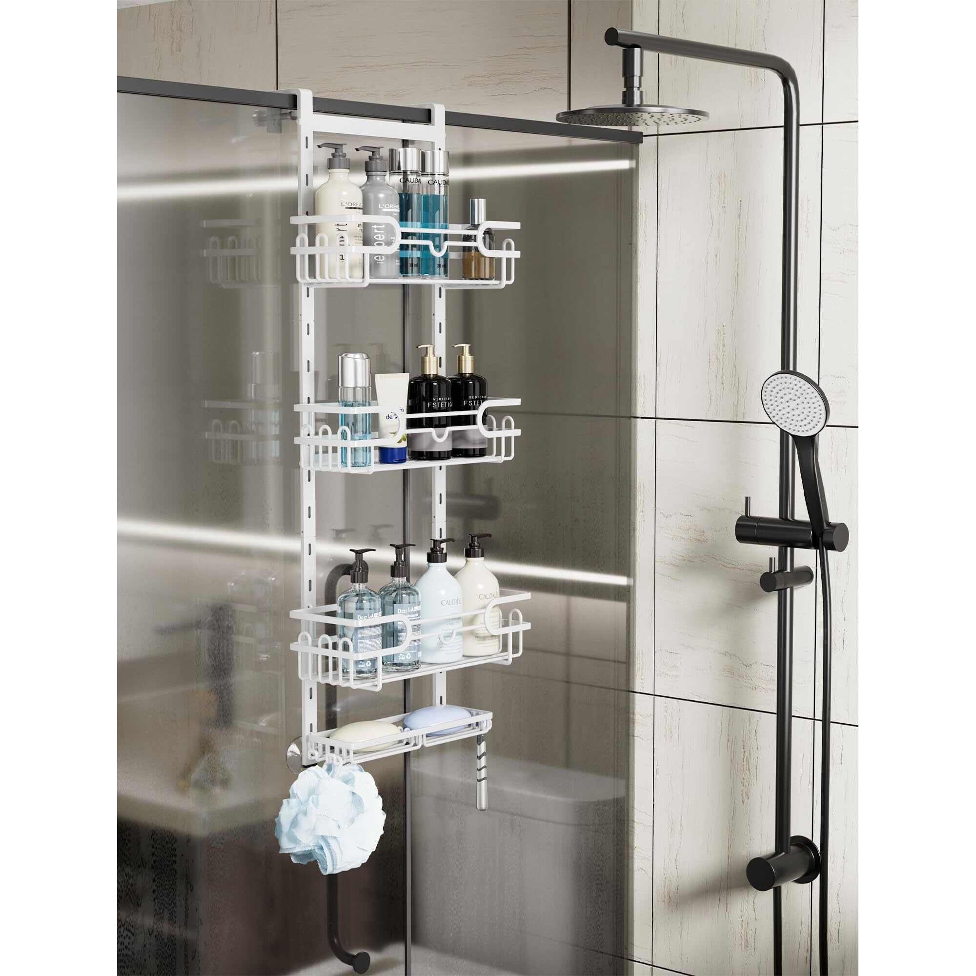 Consumest Over The Door Shower Caddy - 4 Tier Adjustable Hanging Shower Caddy Shower Shelf With 2 Soap Holders & 22 Hooks  Rustproof Easy Installation Shower Organizer Hanging For Bathroom  White