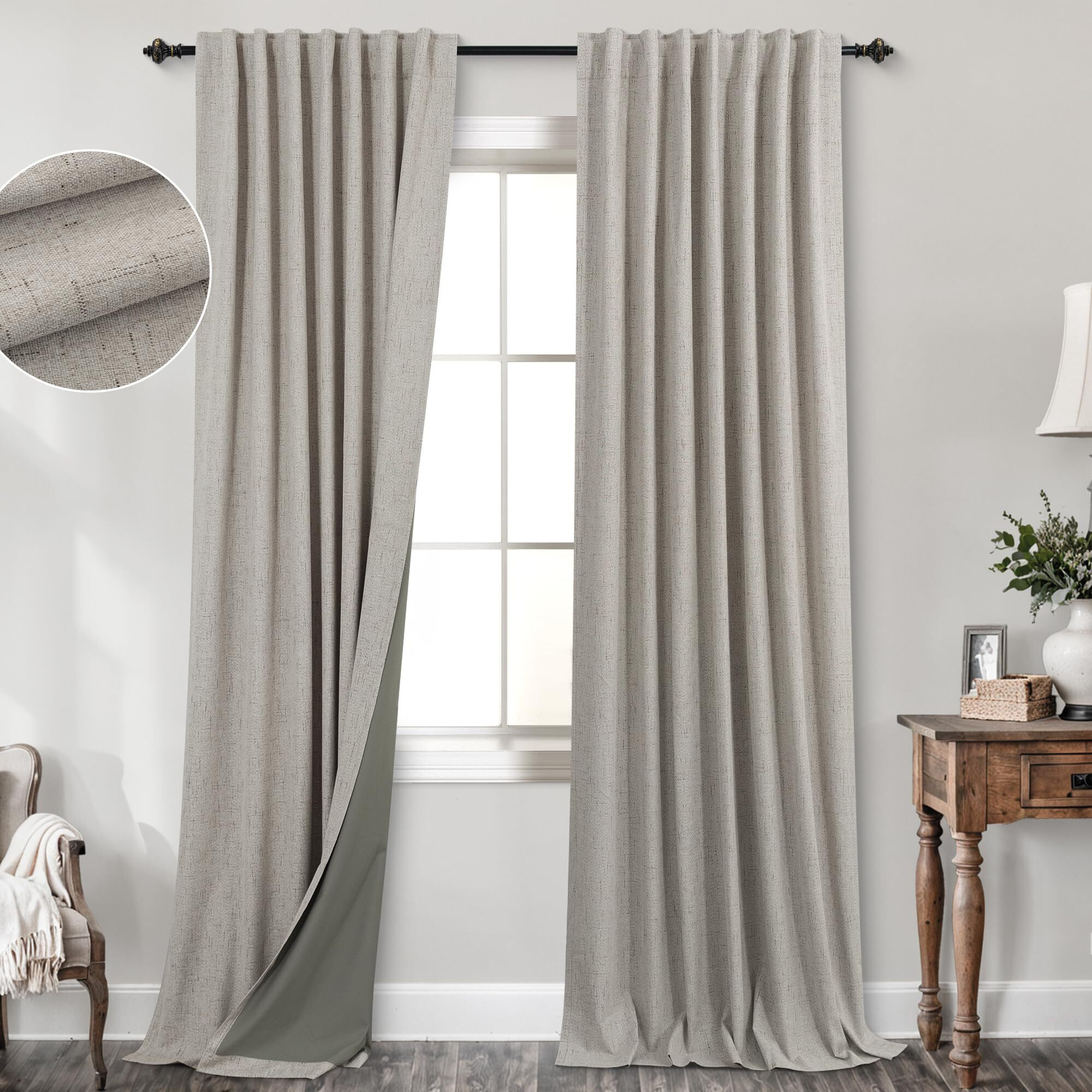 Koufall Taupe Back Tab Linen Blackout Curtains For Living Room 52 By 96 Inch Length