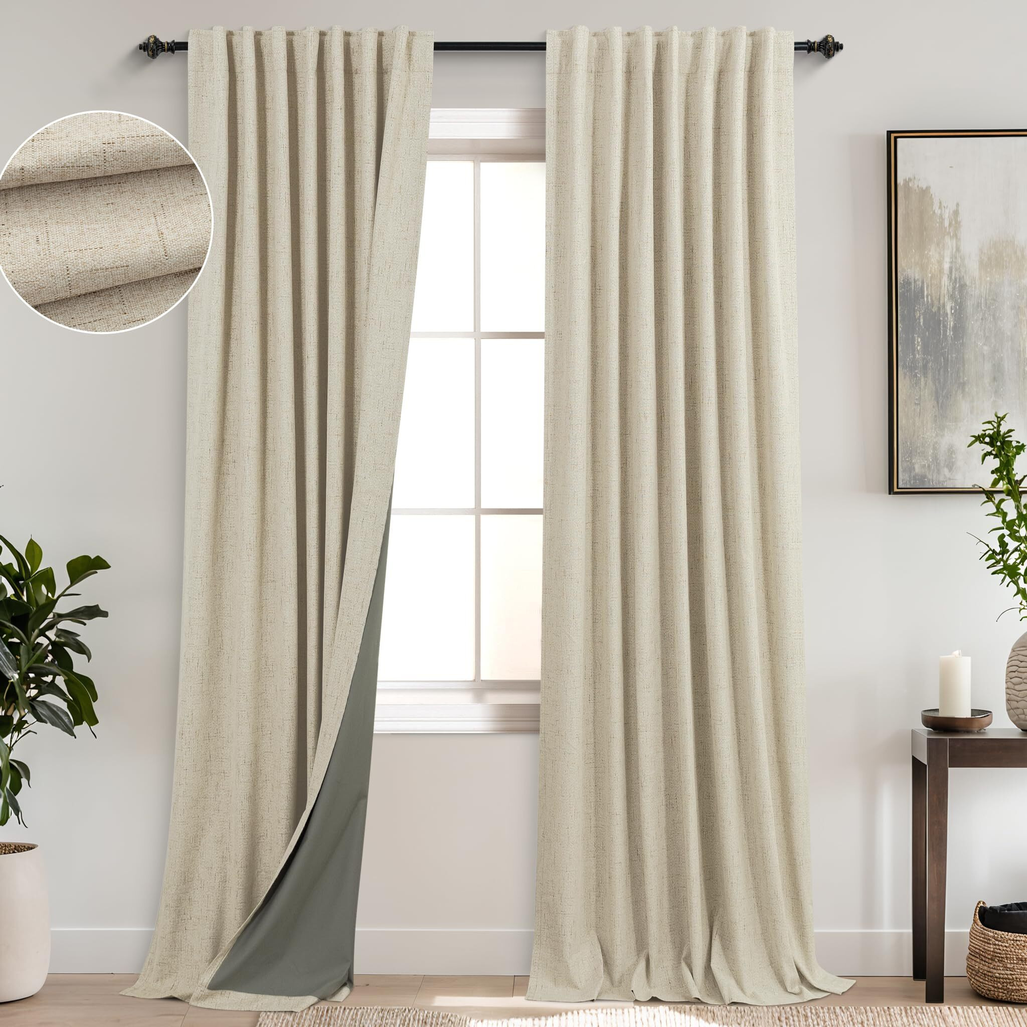 Koufall Light Tan Back Tab Linen Blackout Curtains For Living Room 52X108 Inch Length