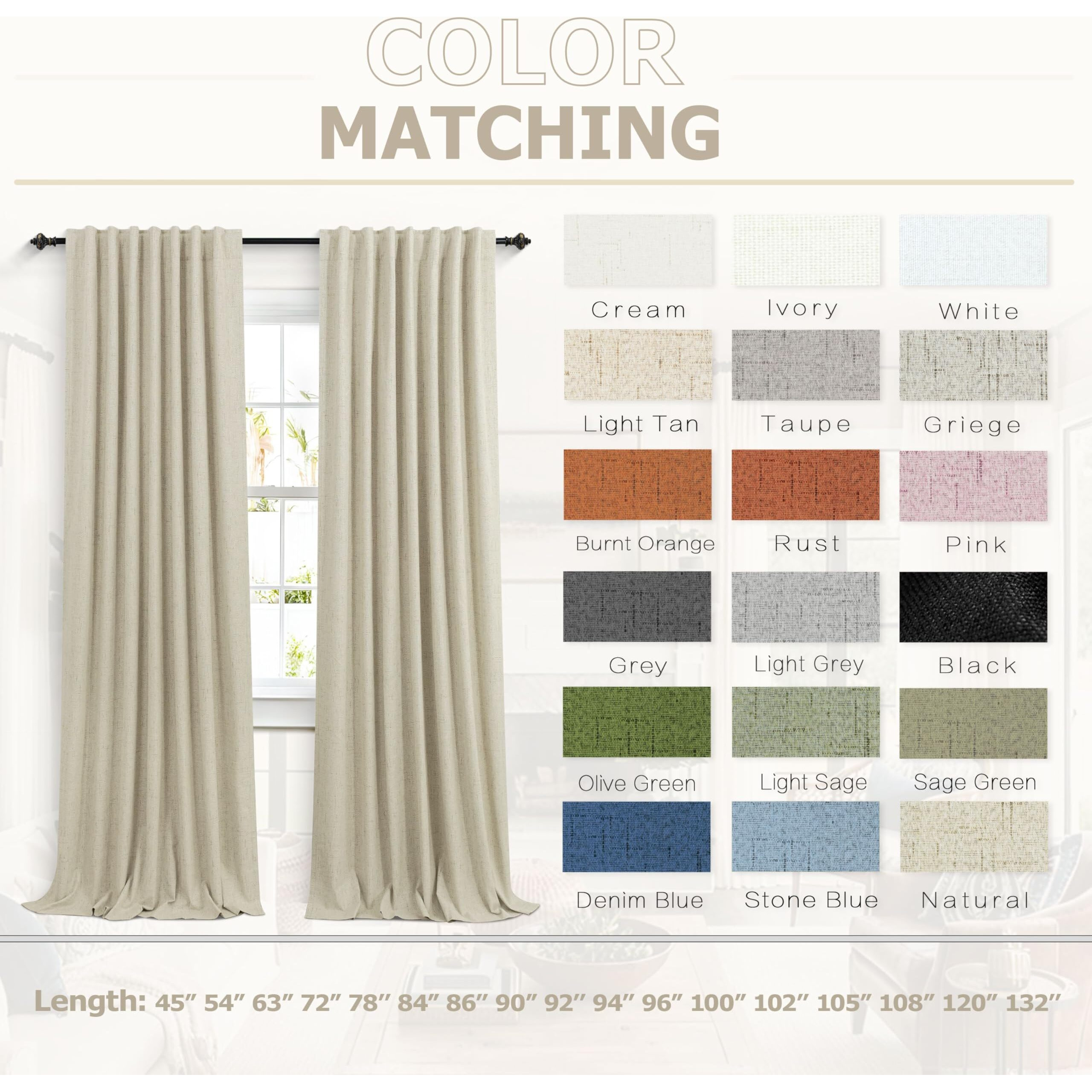 Koufall Light Tan Back Tab Linen Blackout Curtains For Living Room 52X108 Inch Length