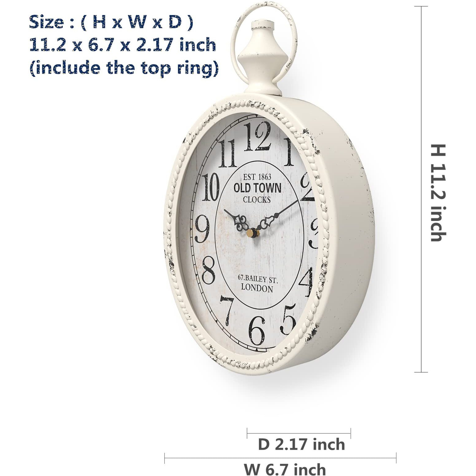 Menterry Small Retro Oval Wall Clock  Antique Old Design  White Vintage Style  Battery Operated Silent Decor Wall Clocks For Kitchen Bedroom Farmhouse Bathroom (11.2"" H X 6.7"" W)