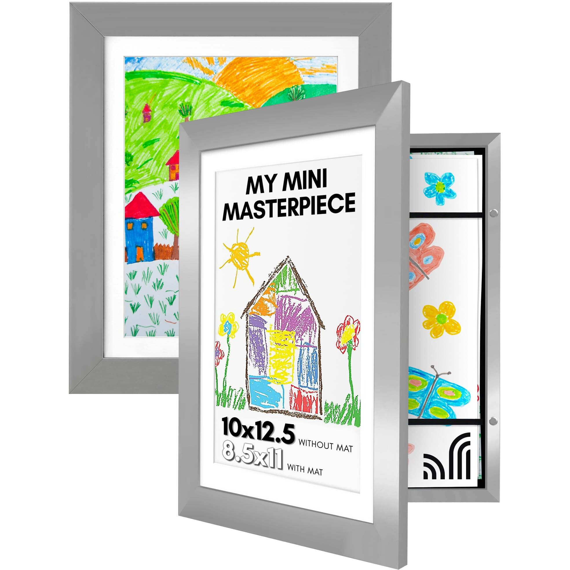 Americanflat 10X12.5 Kids Art Frame - Front Loading Picture Frame - Set Of 2 - Use As 8.5X11 Frame With Mat Or 10X12.5 Frame Without Mat - My Mini Masterpiece - Holds 100 Artworks - Silver