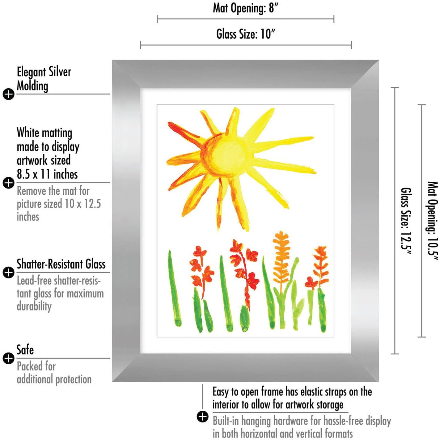 Americanflat 10X12.5 Kids Art Frame - Front Loading Picture Frame - Set Of 2 - Use As 8.5X11 Frame With Mat Or 10X12.5 Frame Without Mat - My Mini Masterpiece - Holds 100 Artworks - Silver