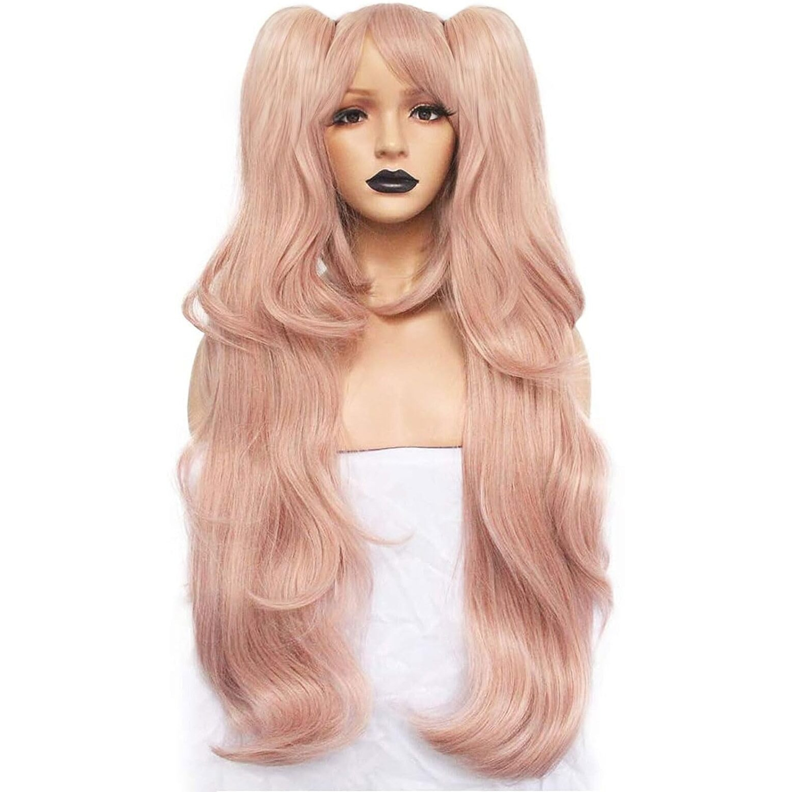 Anogol Hair Cap+Light Pink Cosplay Wig Long Synthetic Wig For Girls Costume Party Halloween Wig Ponytail Wig For Christmas