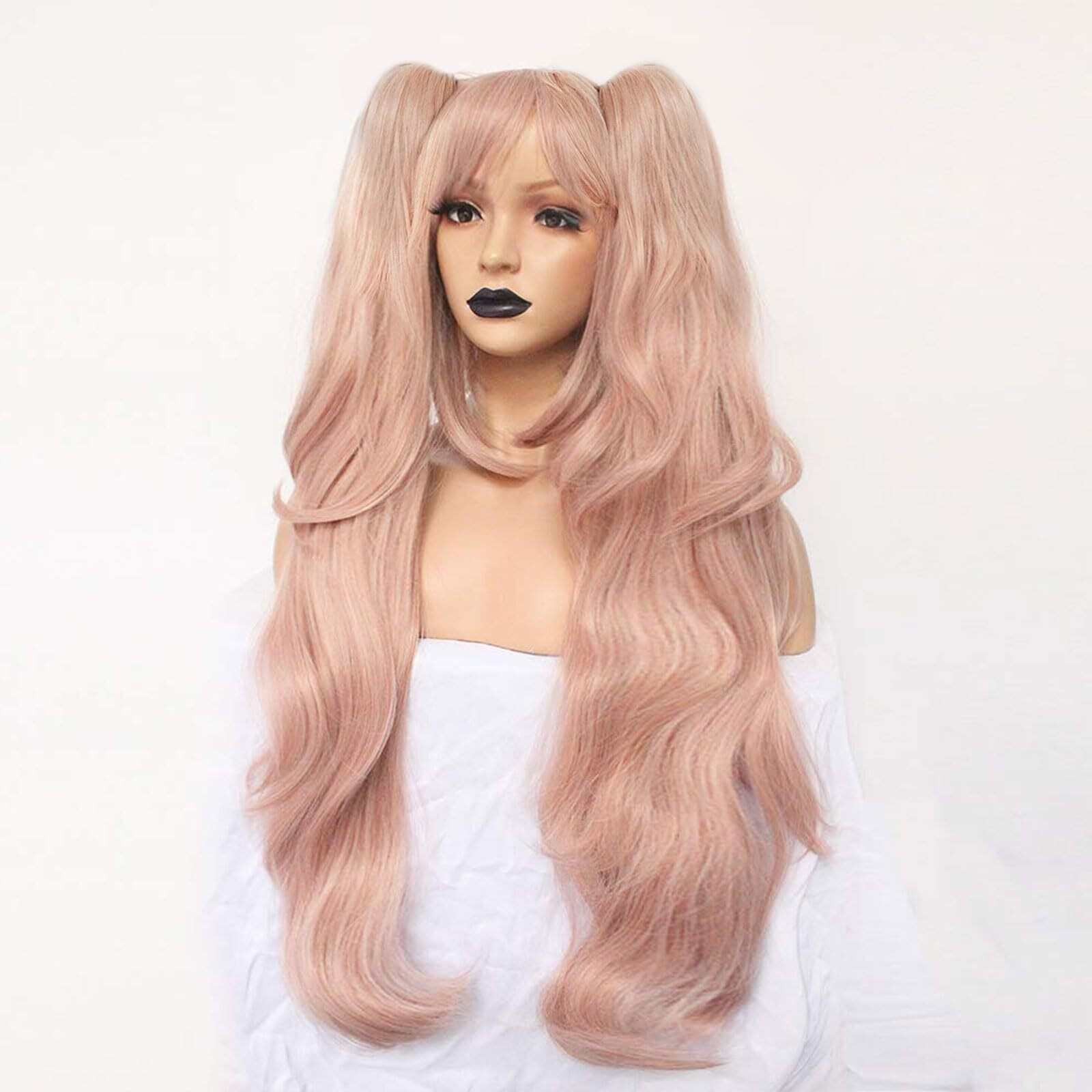 Anogol Hair Cap+Light Pink Cosplay Wig Long Synthetic Wig For Girls Costume Party Halloween Wig Ponytail Wig For Christmas