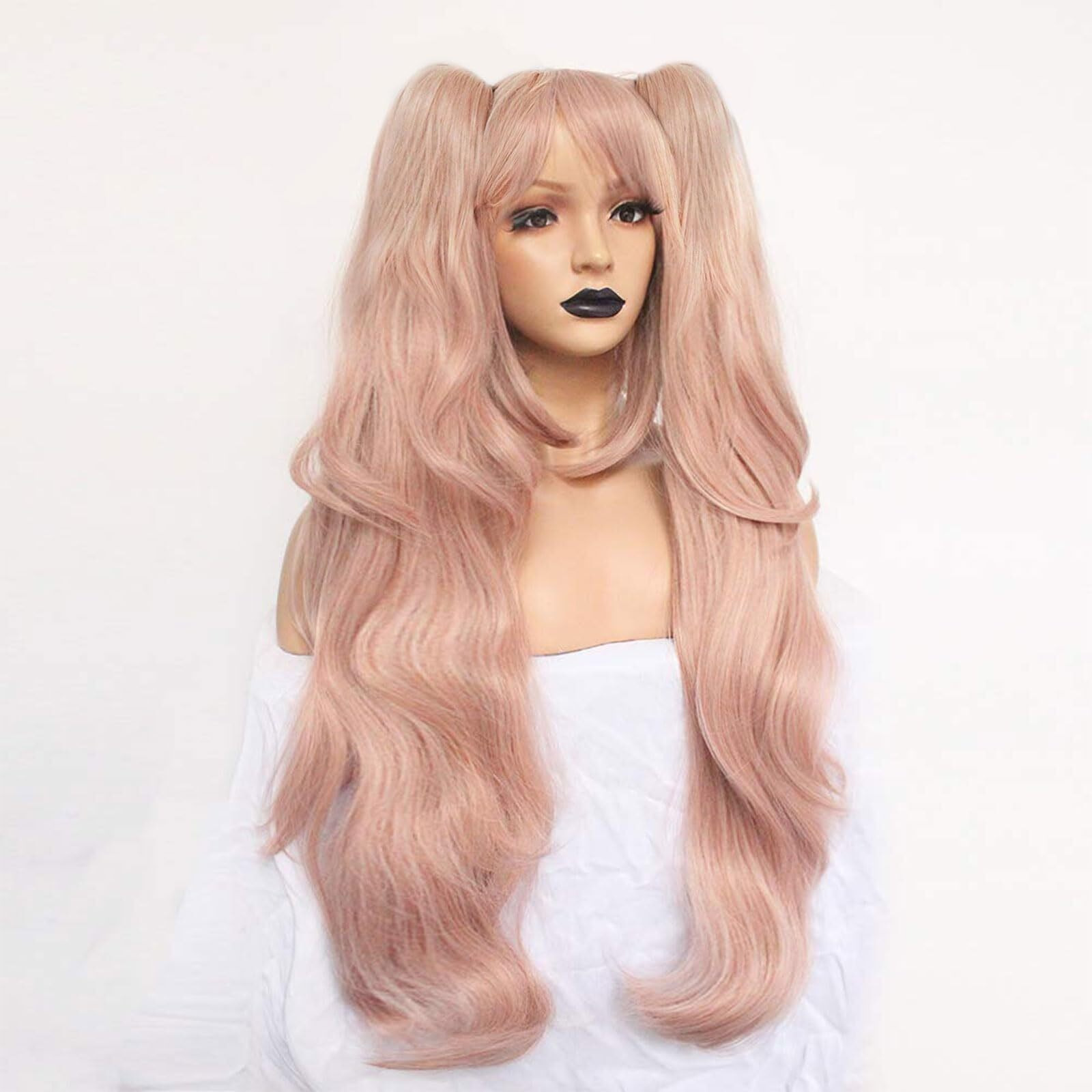 Anogol Hair Cap+Light Pink Cosplay Wig Long Synthetic Wig For Girls Costume Party Halloween Wig Ponytail Wig For Christmas