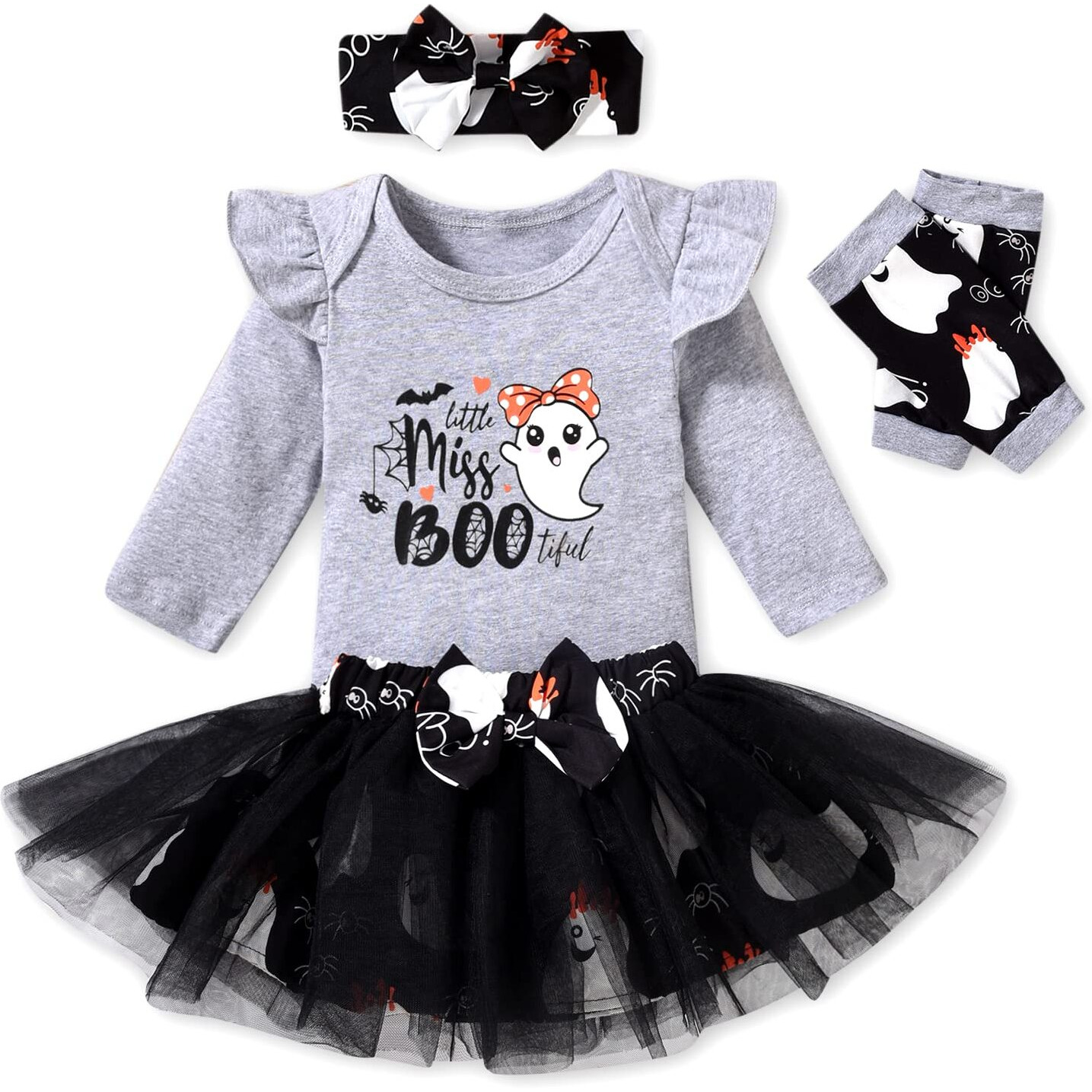 Aalizzwell Preemie Girls Halloween Outfit Premature Baby 1St Halloween My Tulle Skirt Ghost Boo Clothes With Leg Warmers Clothing Gray