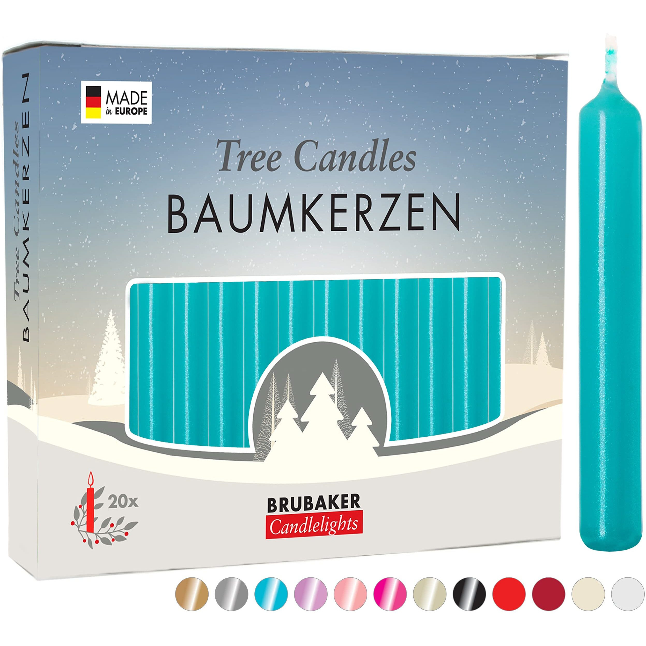 Brubaker Tree Candles - Pack Of 20 - Turquoise - 3 X  Inches - Made In Europe - Christmas Wax Candles For Pyramids  Carousels & Chimes