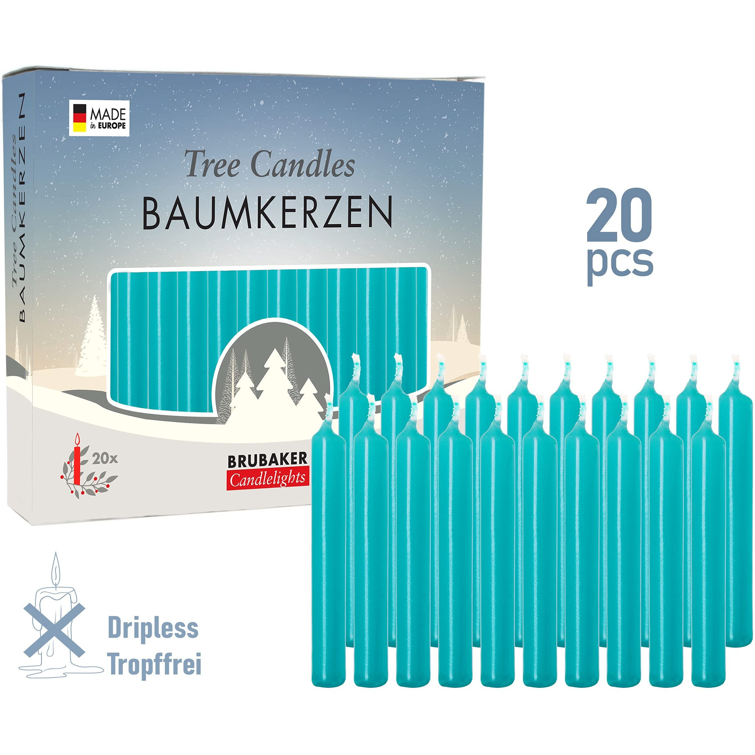 Brubaker Tree Candles - Pack Of 20 - Turquoise - 3 X  Inches - Made In Europe - Christmas Wax Candles For Pyramids  Carousels & Chimes