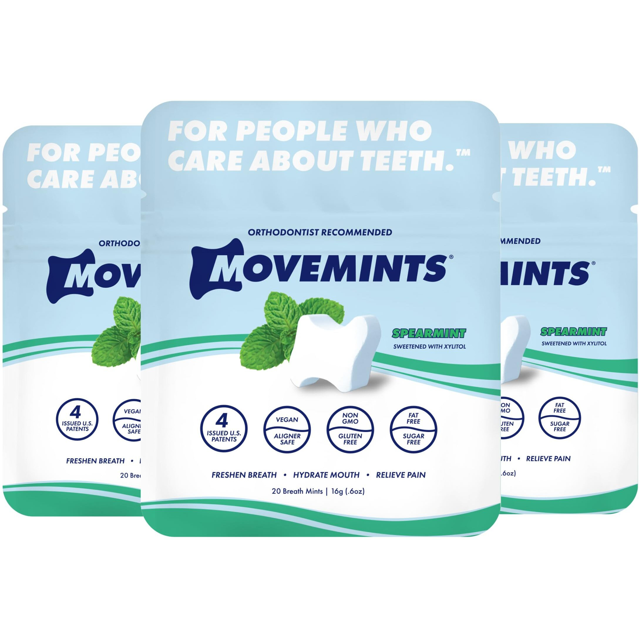 Movemints Clear Aligner Mints - Patented Aligner Seating Mints - Edible Alternative To Aligner Chewies - Xylitol Mints For Dry Mouth - Spearmint (3 Pack)