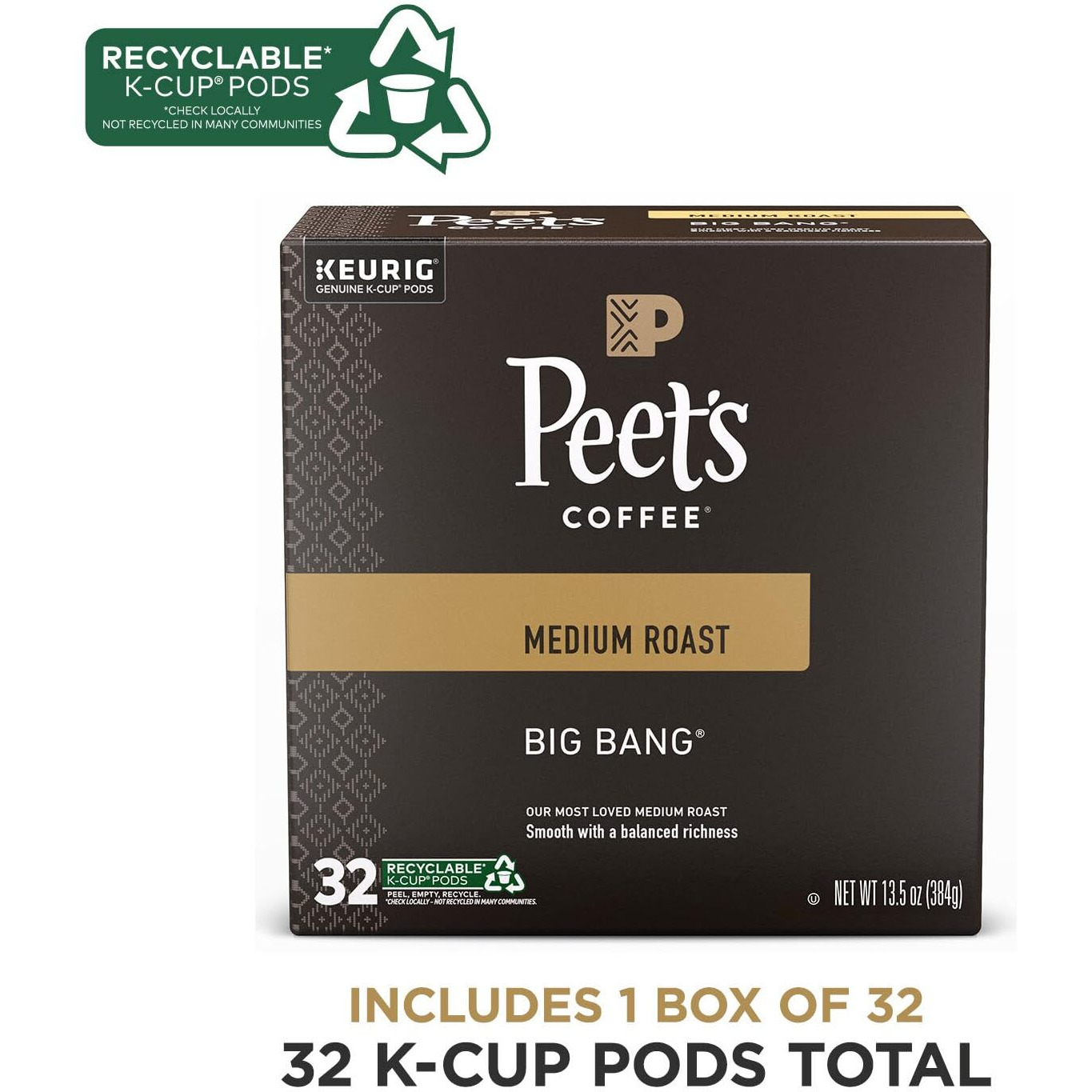 Peet's Coffee  Medium Roast K-Cup Coffee Pods For Keurig Coffee Machines - Big Bang  32 Count (1 Box Of 32 K-Cup Pods)